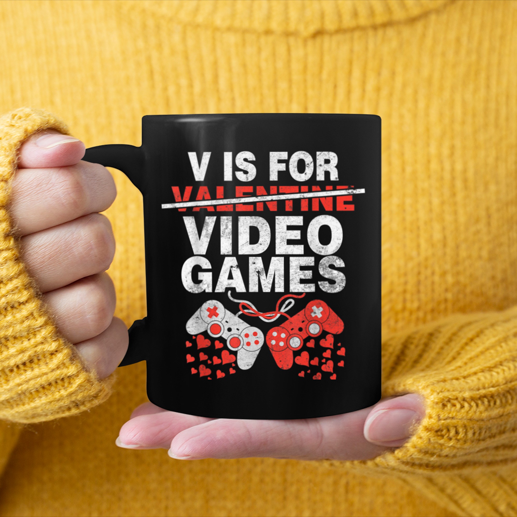 V Is For Fun Video Games Funny Gamer Kids Boy Valentines Day mug black