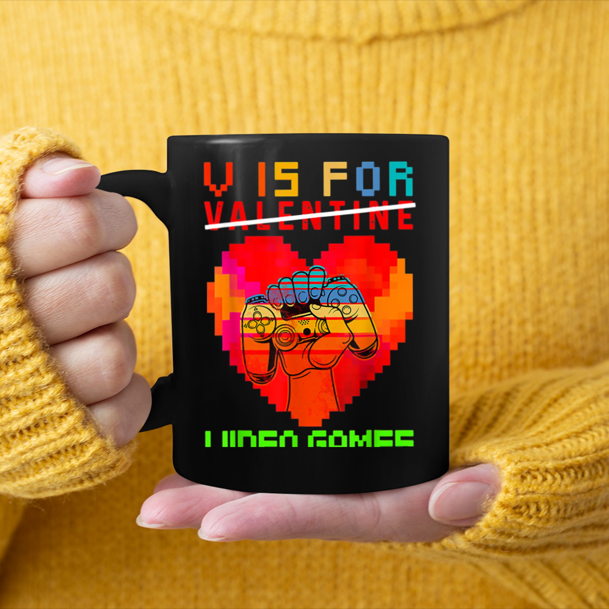 V is for my Video Games Valentine's Day Funny Gamers mug black