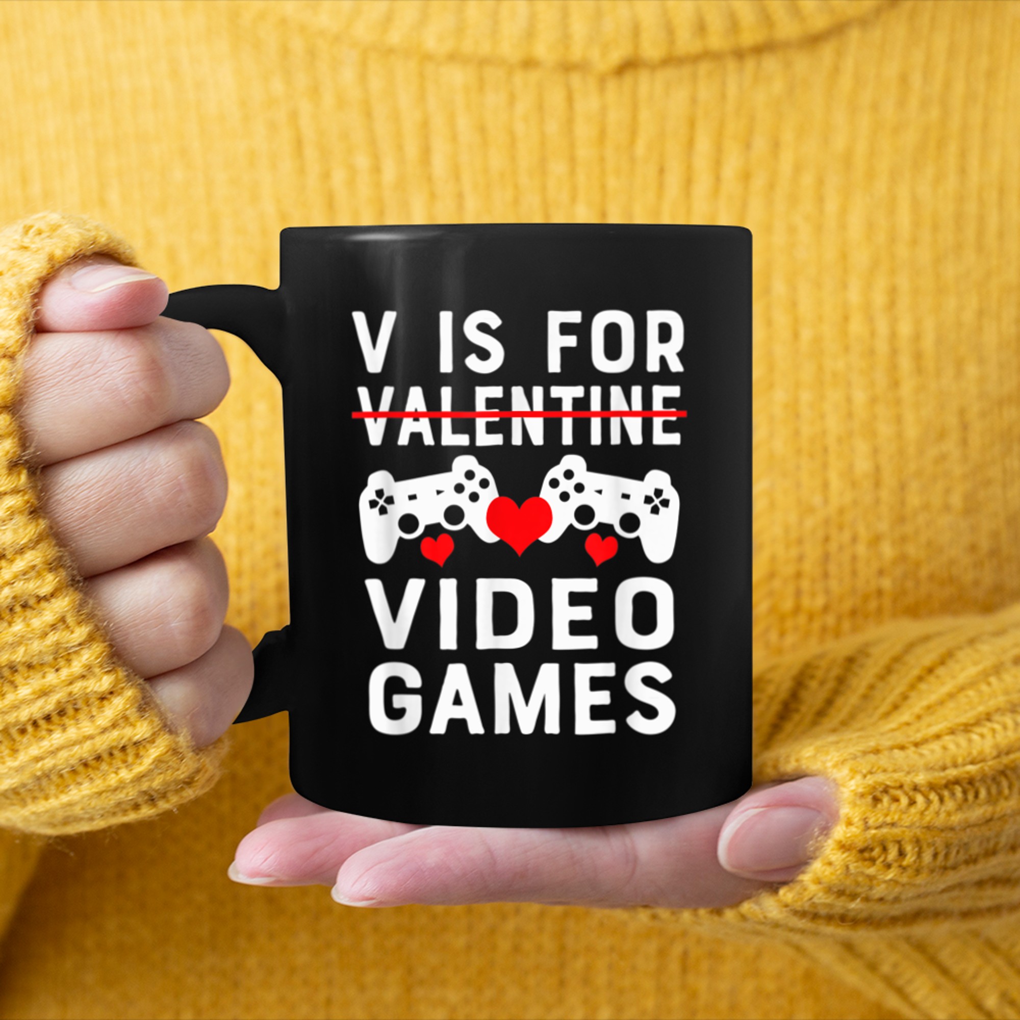 V is for Video Games - Funny Valentines Day Gamer mug black