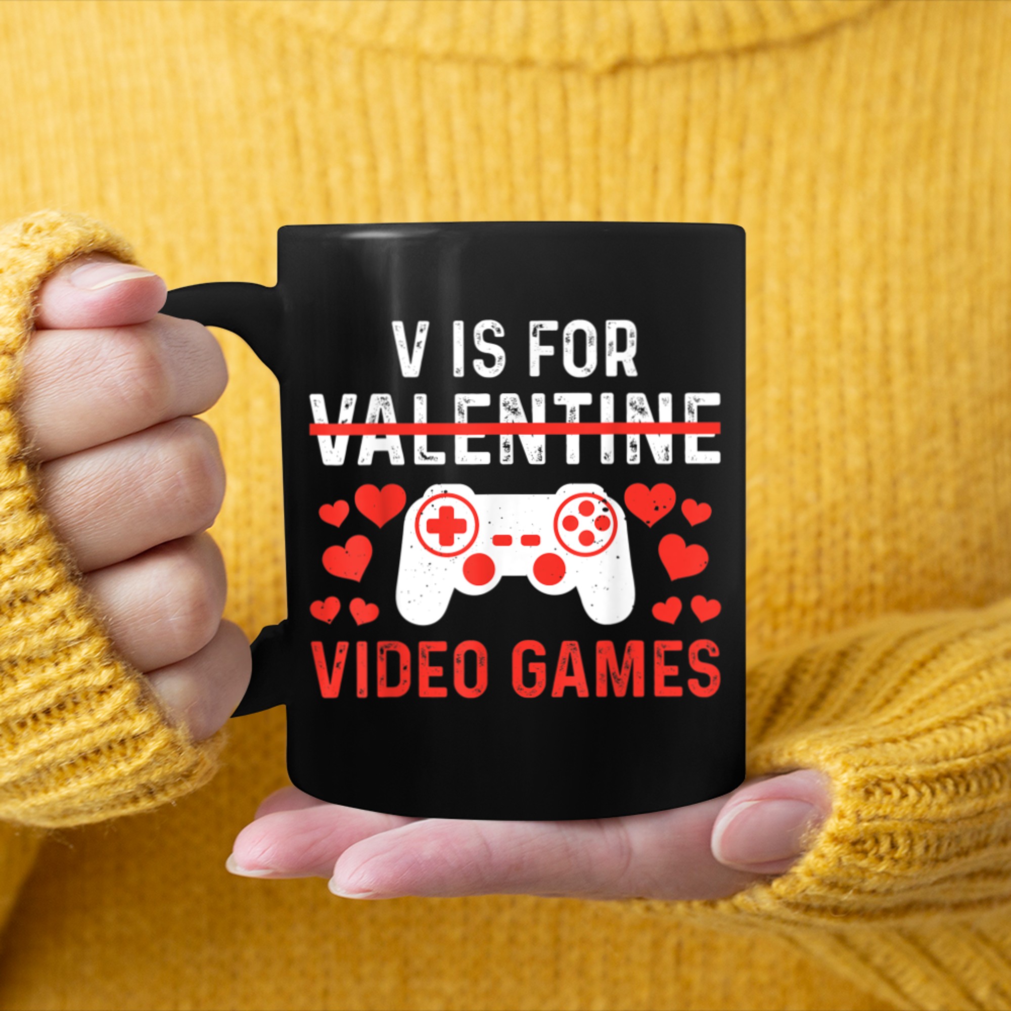 V Is For Video Games Anti Valentine's Day Gamer Funny Gaming mug black