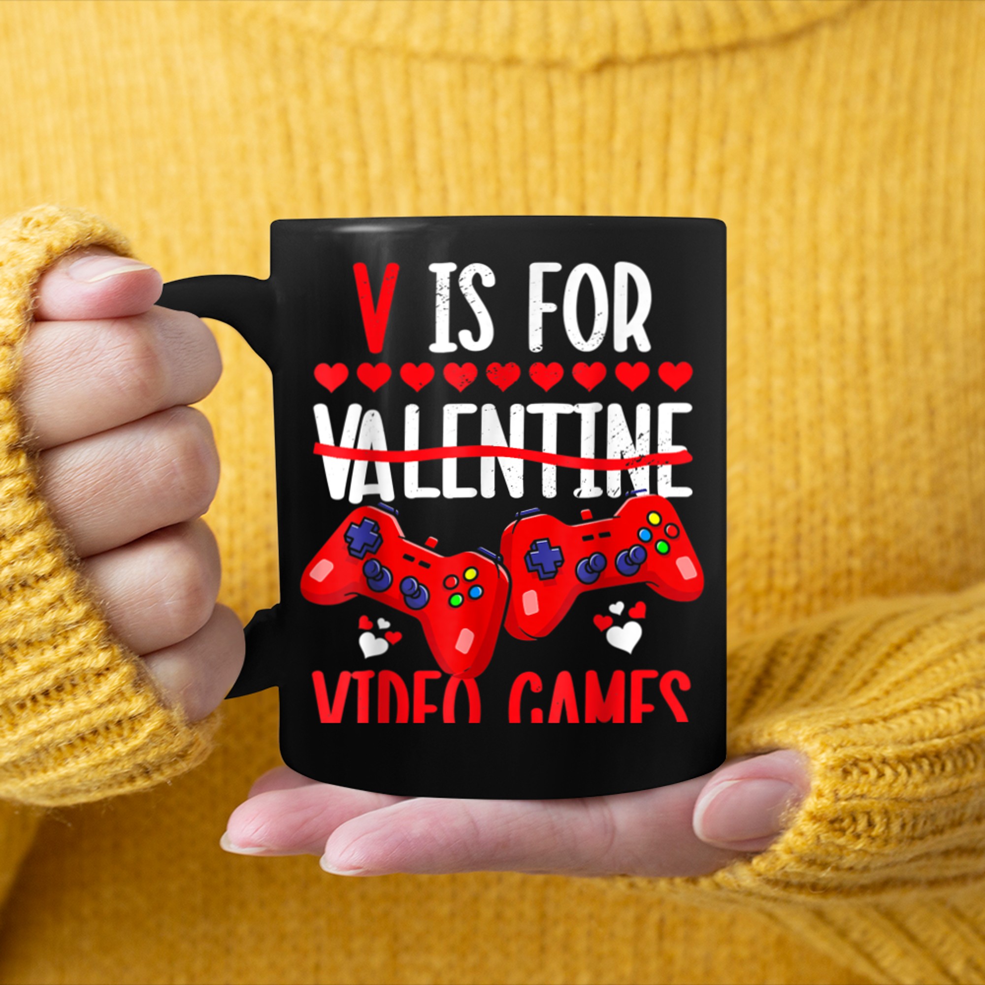 V Is For Video Games Awesome Valentine Day Cute Heart Player mug black