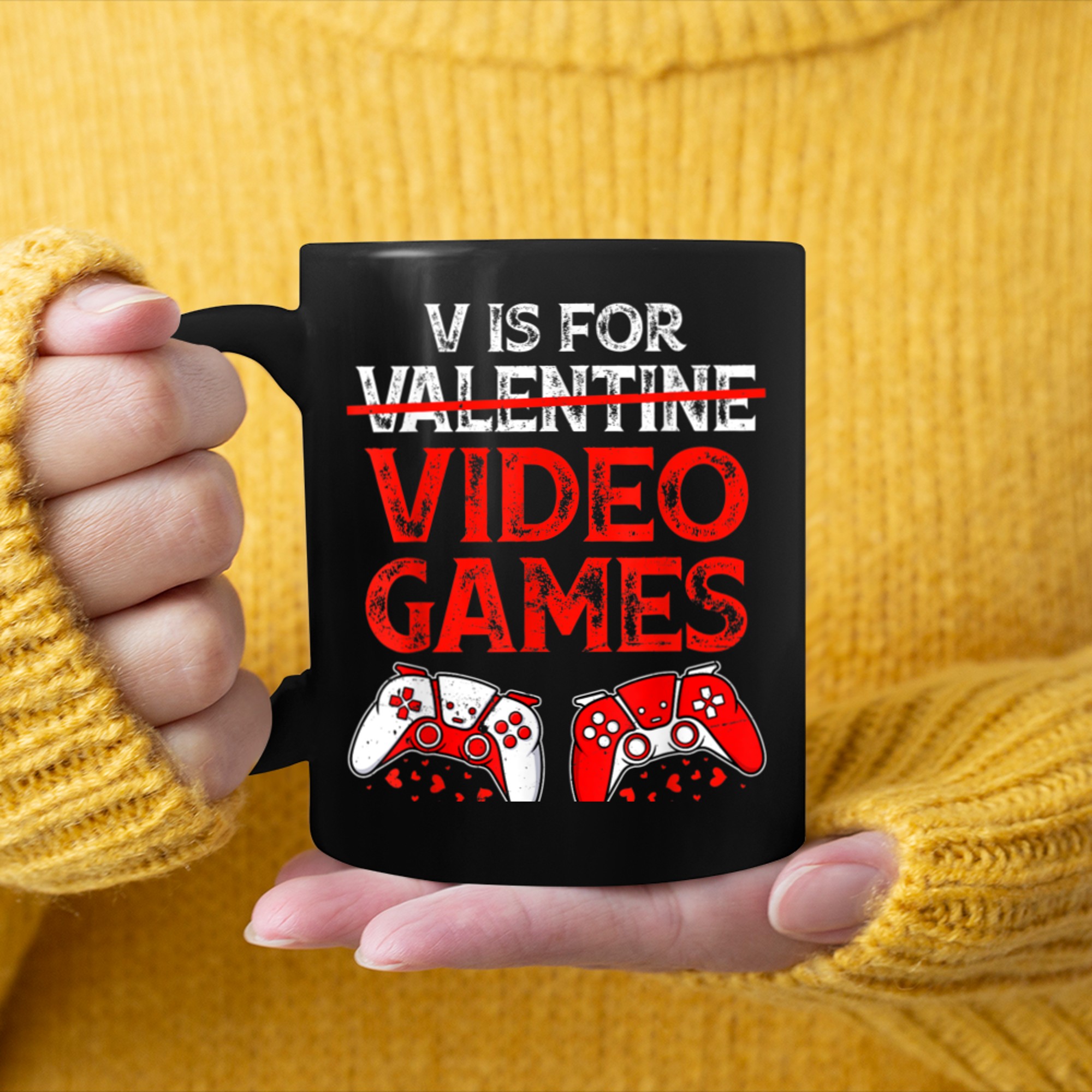 V Is For Video Games Boys Men Funny Valentine's Day Gamer mug black