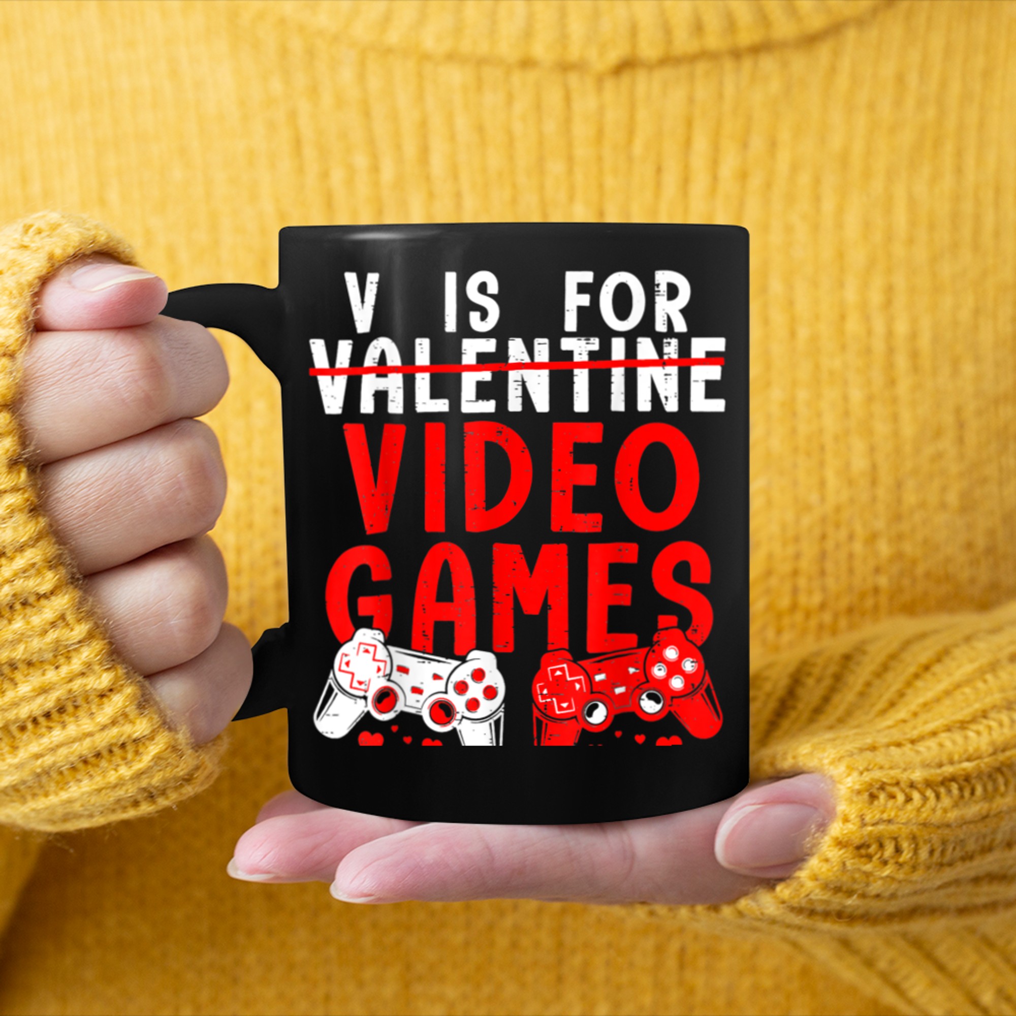 V Is For Video Games Controllers Funny Gamers Valentines Day mug black