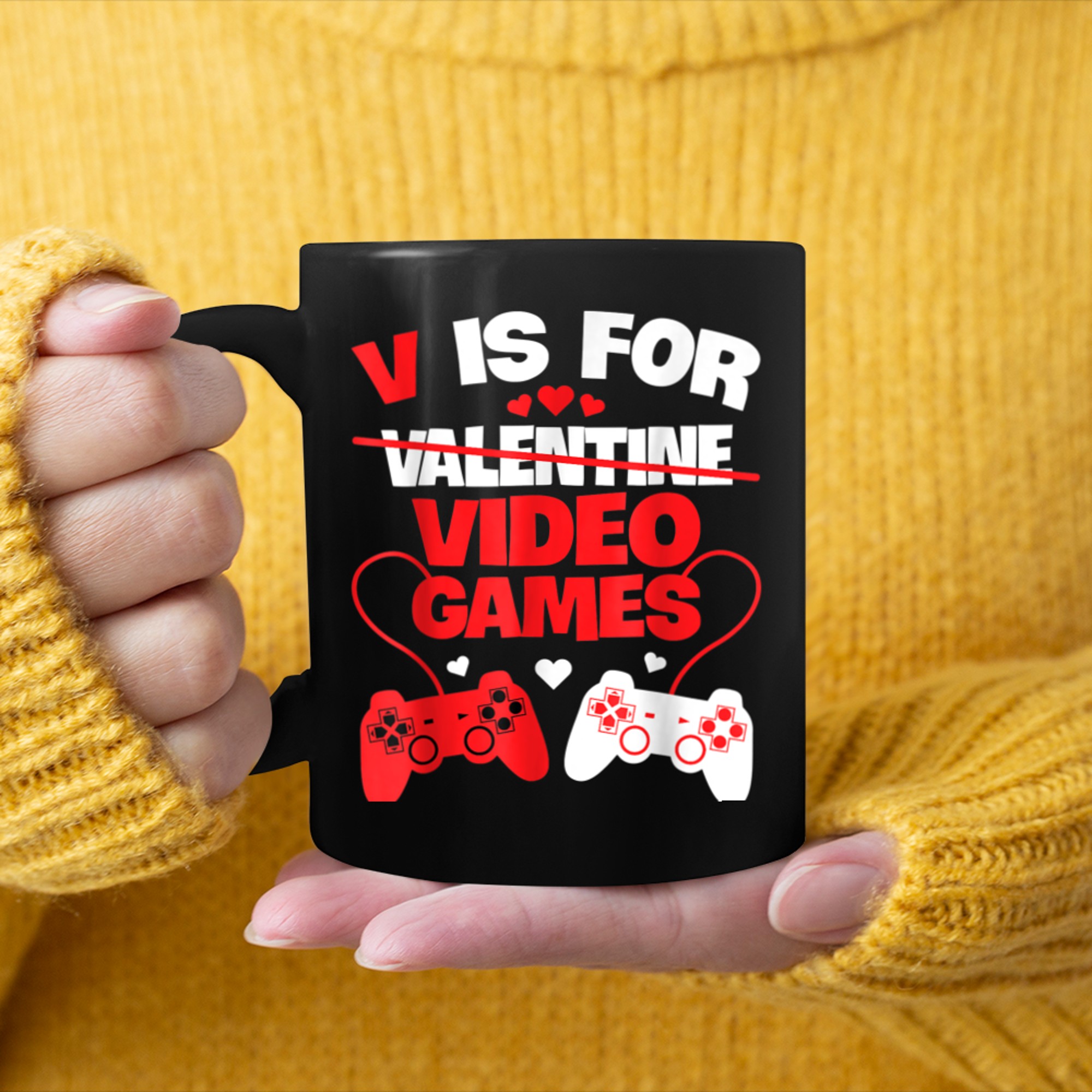 V Is For Video Games Controllers Funny Gaming Valentines Day mug black