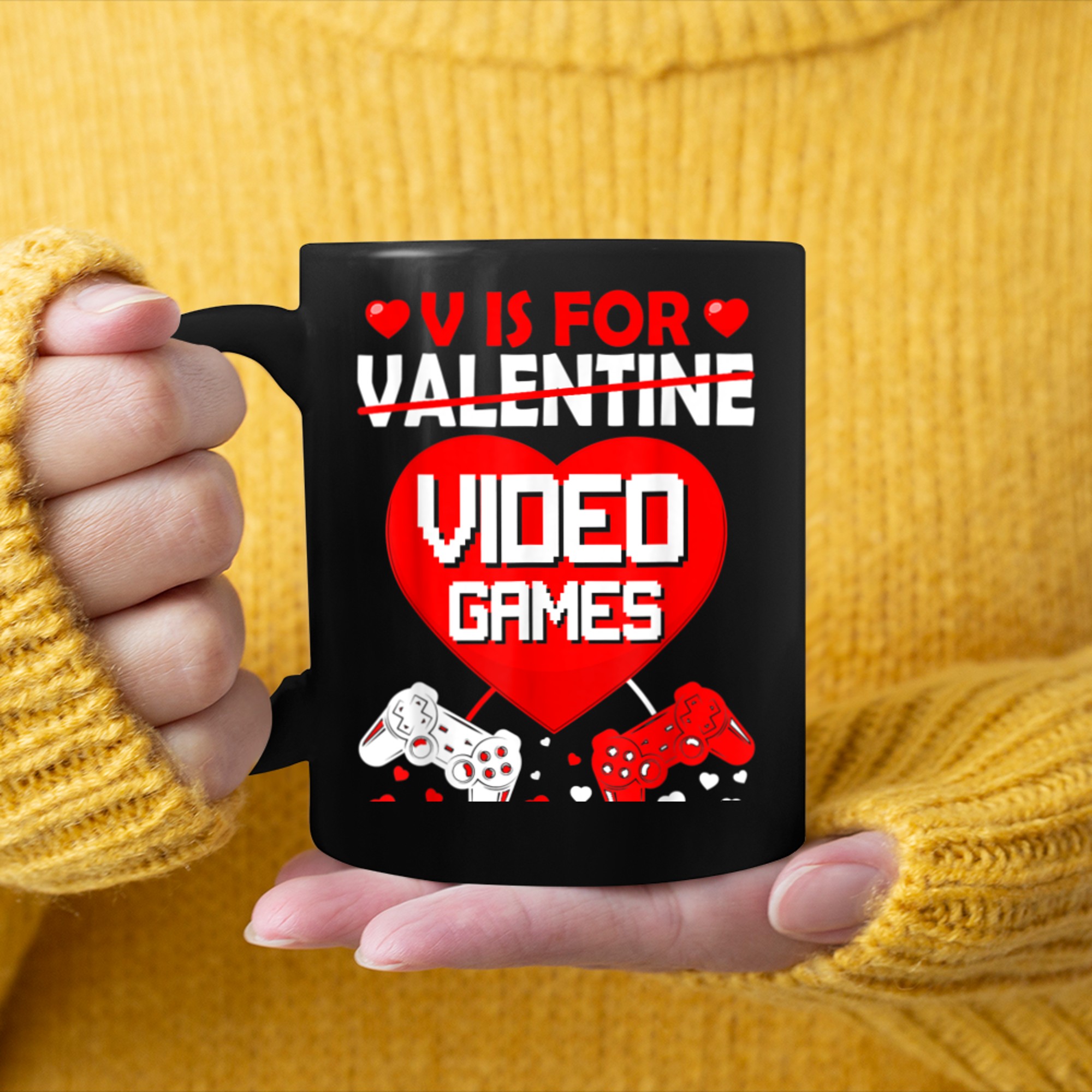 V Is For Video Games Controllers Hearts Gamer Valentines Day mug black