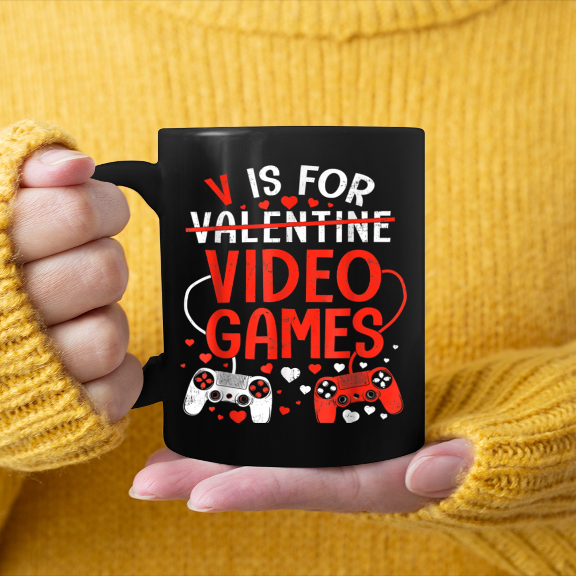 V Is For Video Games Controllers Valentines Day Funny Gaming mug black