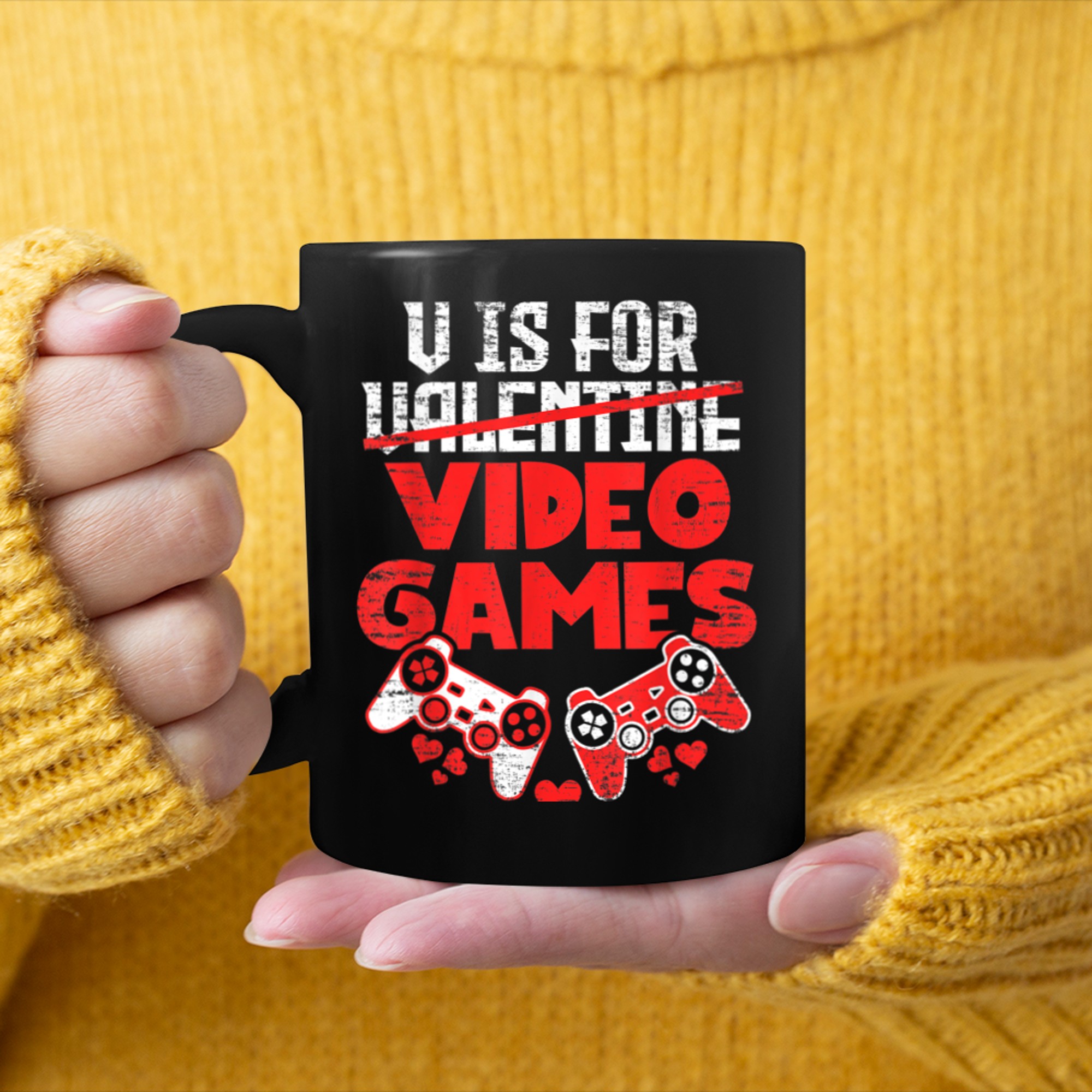 V Is For Video Games Cool Gamer Boy Men Funny Valentines Day mug black