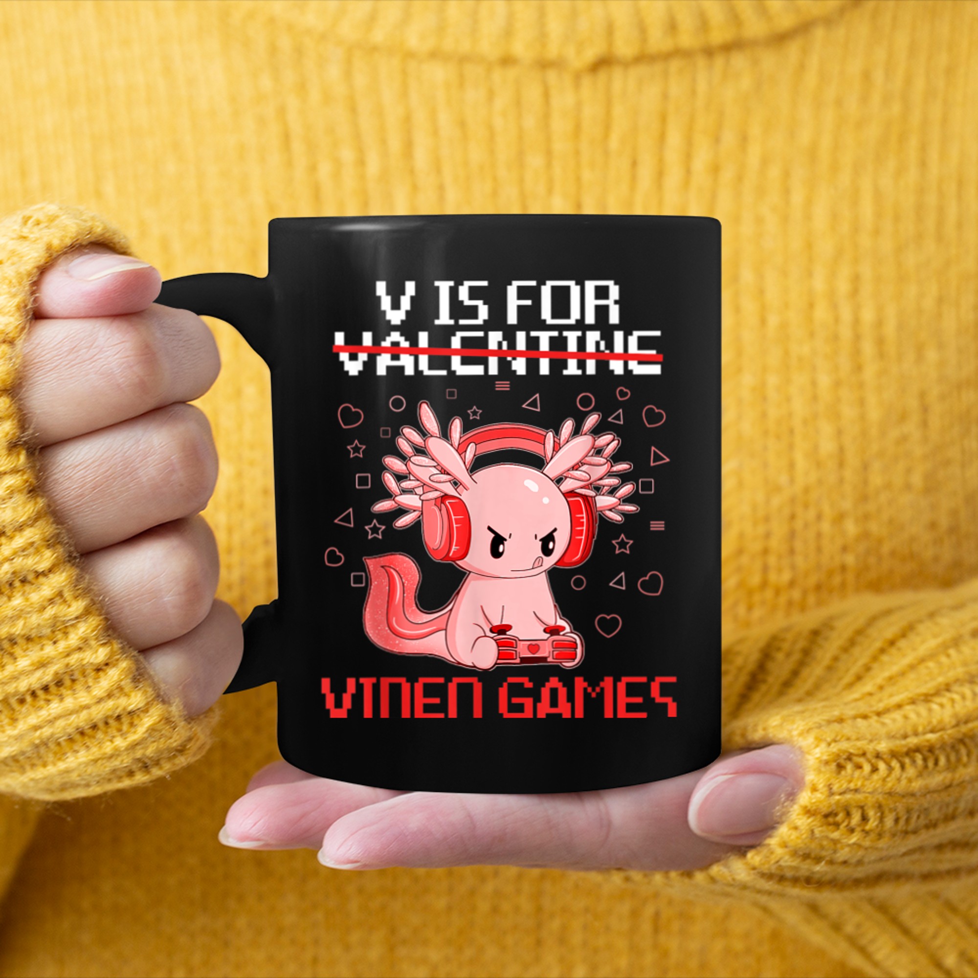 V Is For Video Games Cute Axolotl Funny Valentines Day Gamer mug black