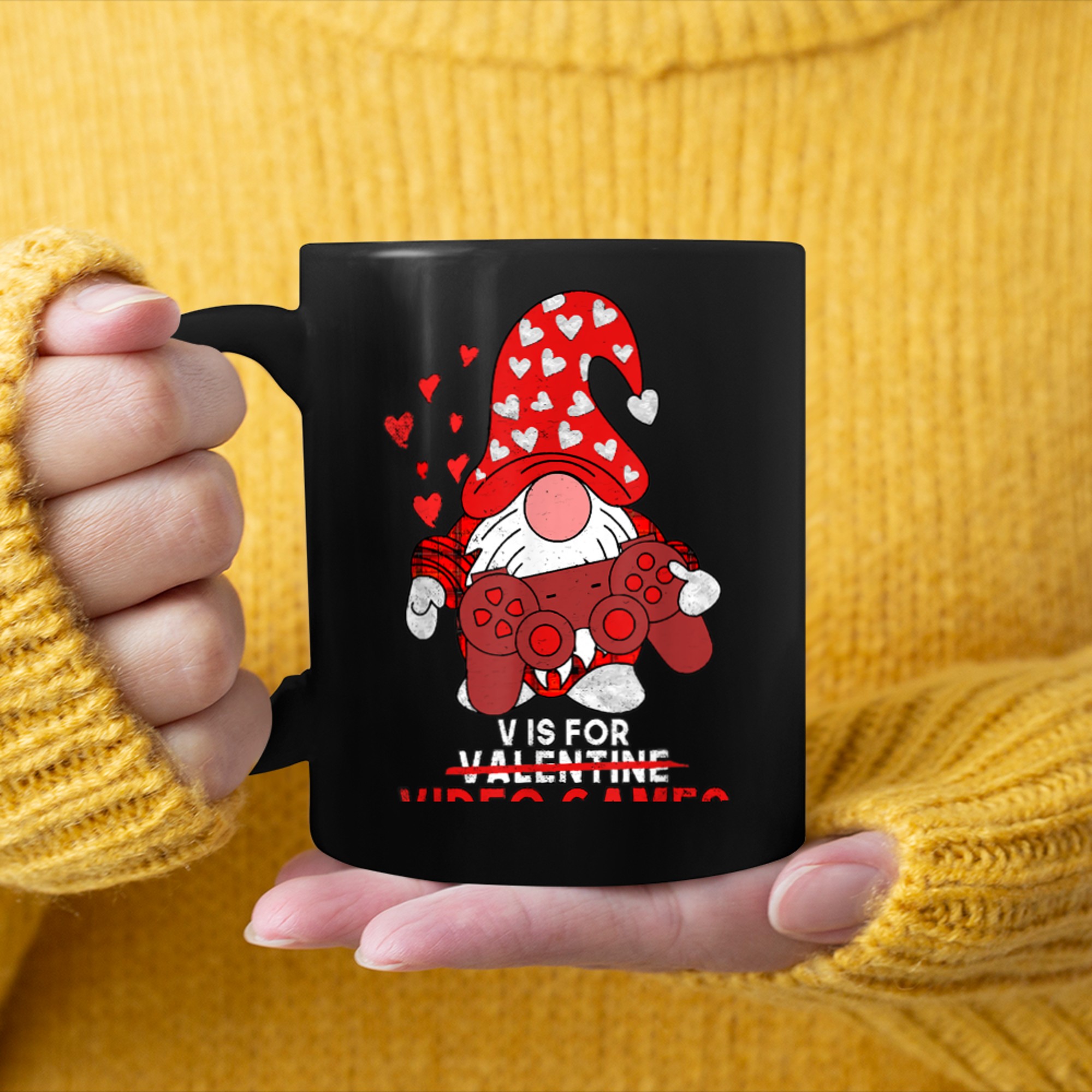 V Is For Video Games Cute Gnome Valentines Day Gamer mug black