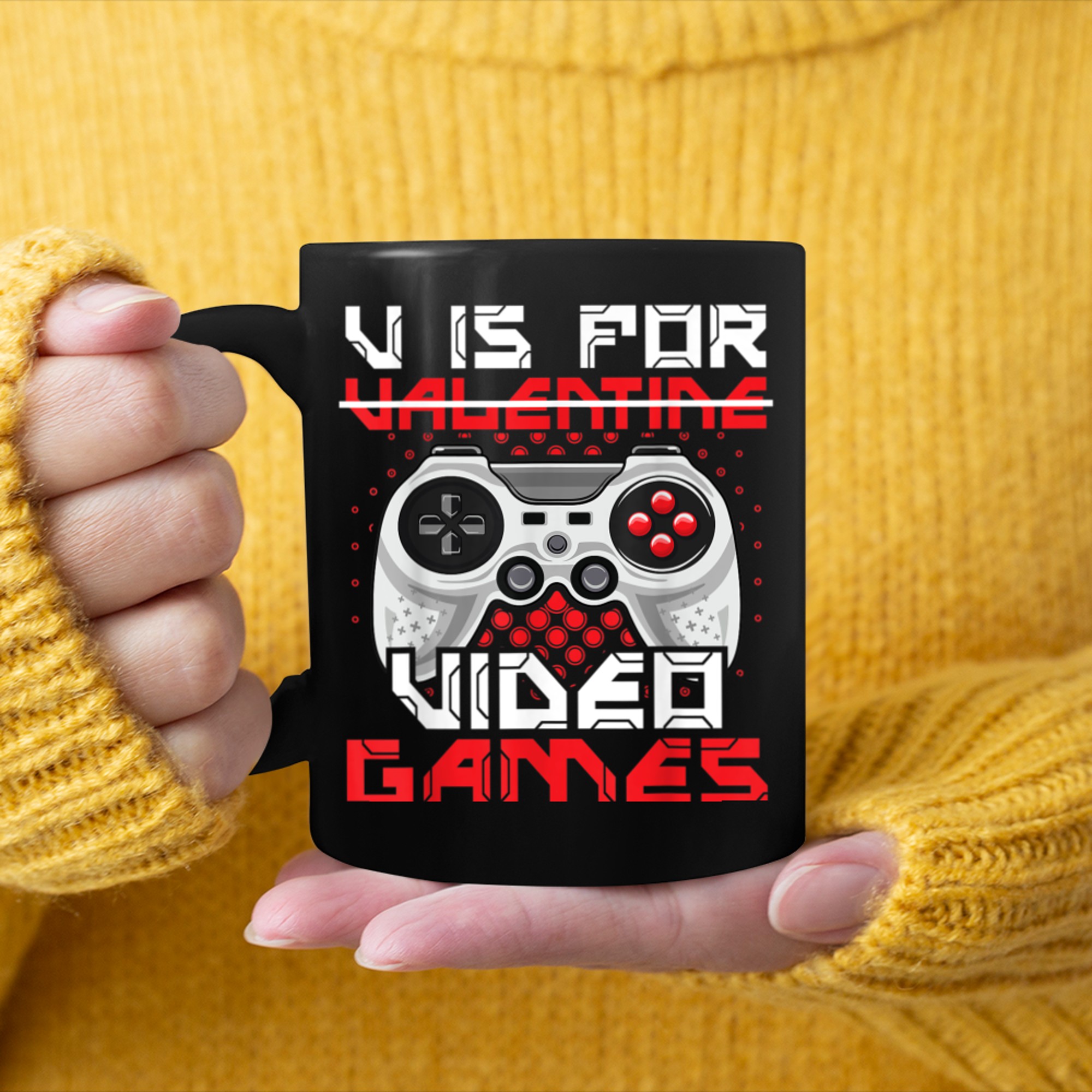 V Is For Video Games Cute Humor Valentines Day Gamer Boys mug black