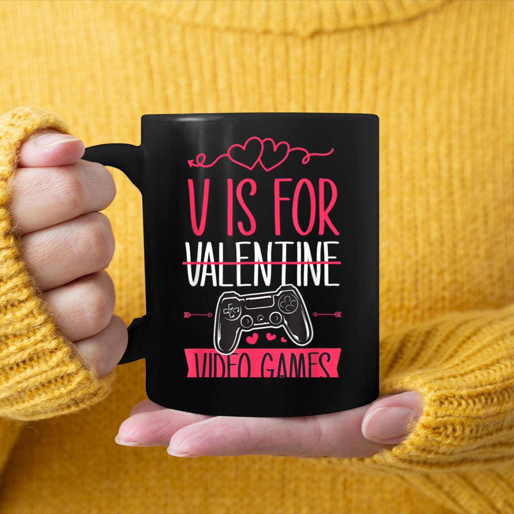 V Is For Video Games Funny Anti Valentine Day For Gamer mug black