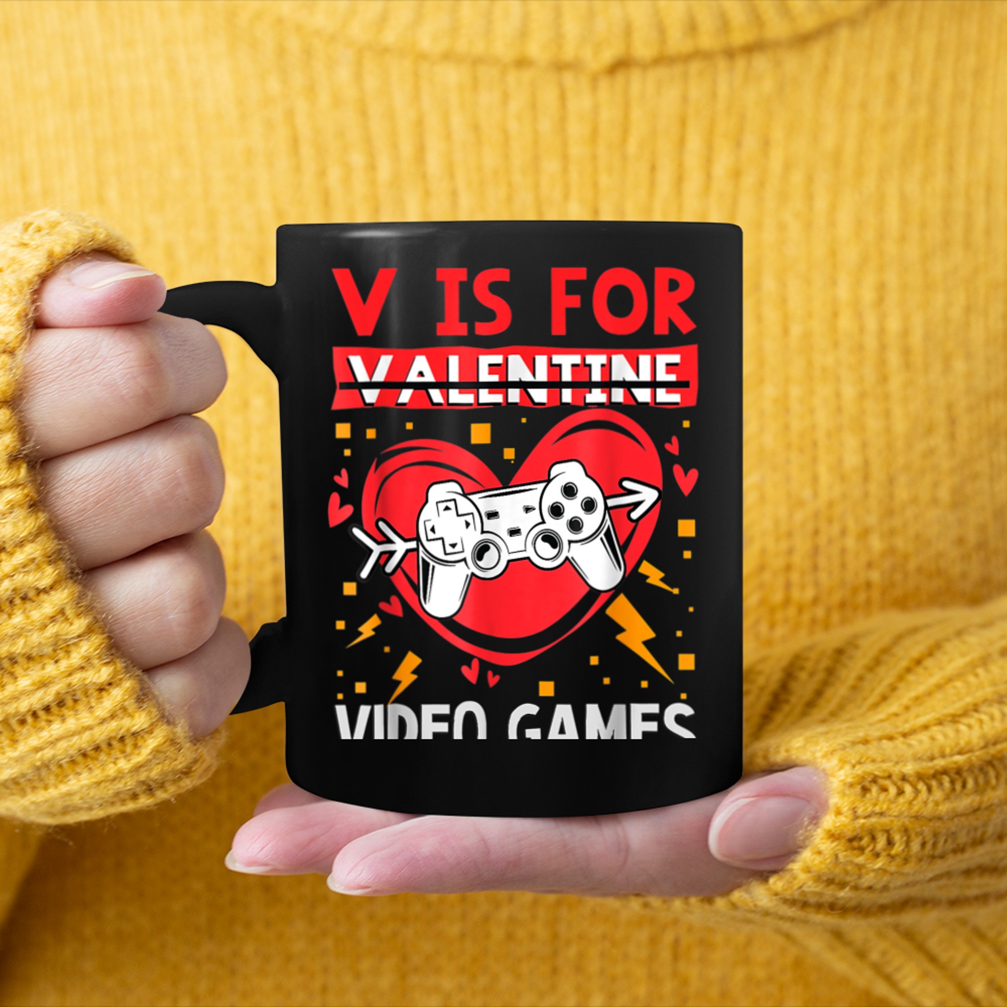 V Is For Video Games Funny Anti Valentine's Day Gamer mug black