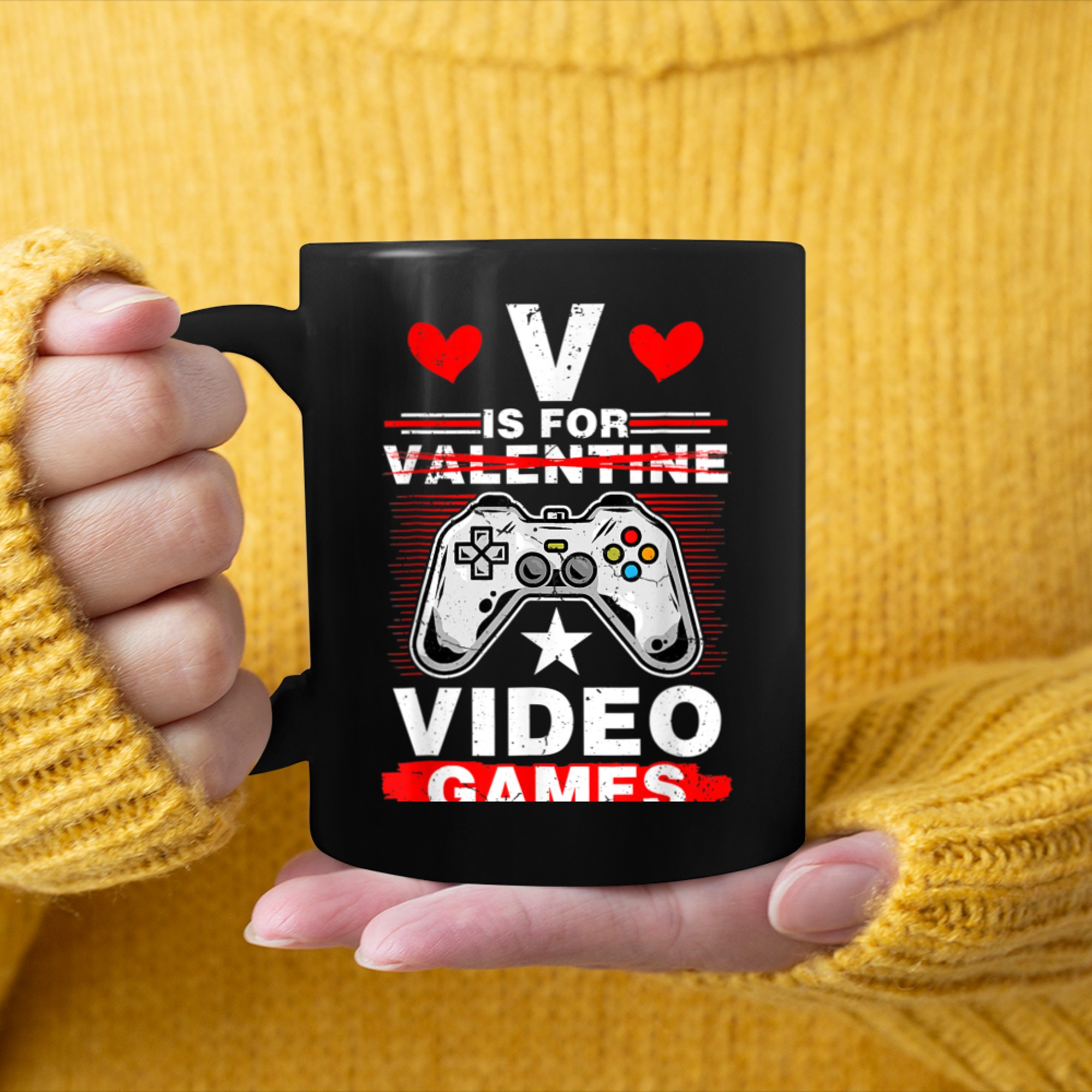 V Is For Video Games Funny Anti Valentines s For Gamer mug black