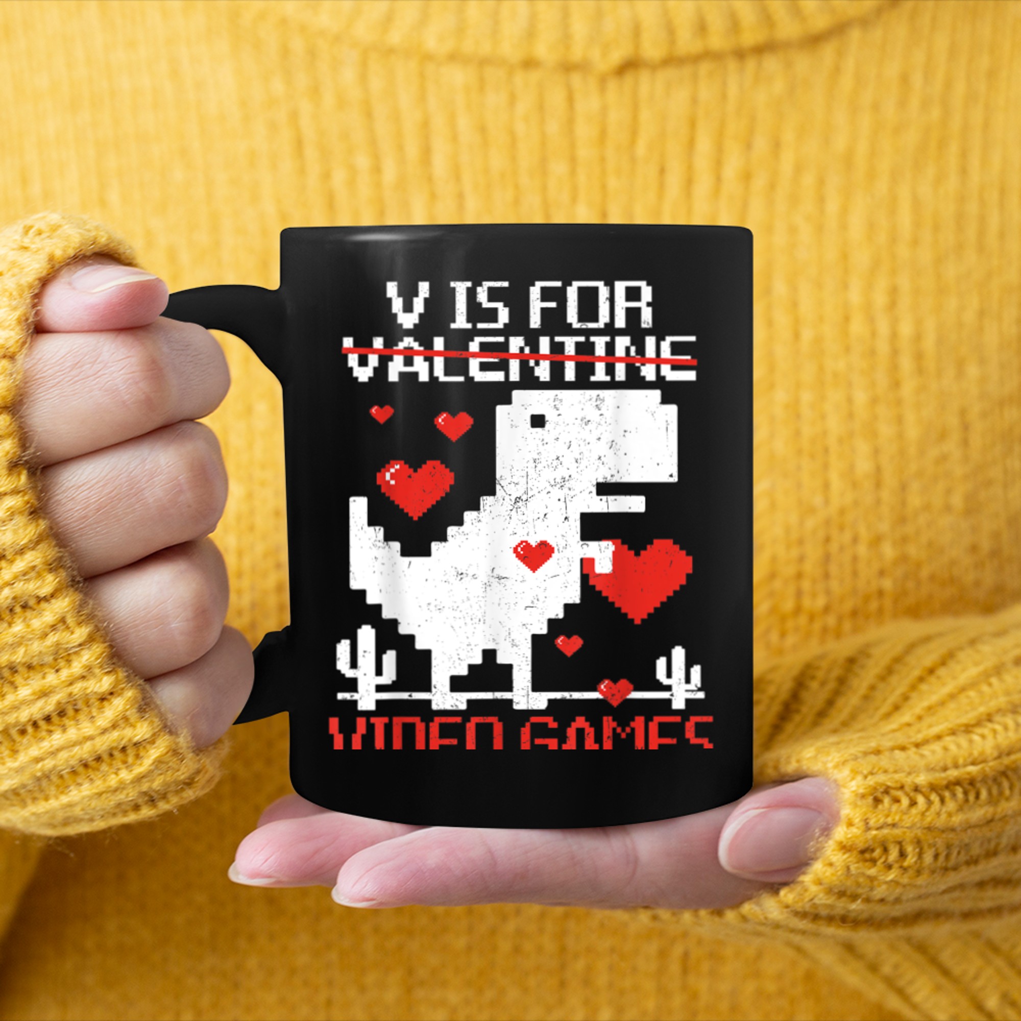 V Is For Video Games Funny Dinosaur T Rex Valentine's Day mug black