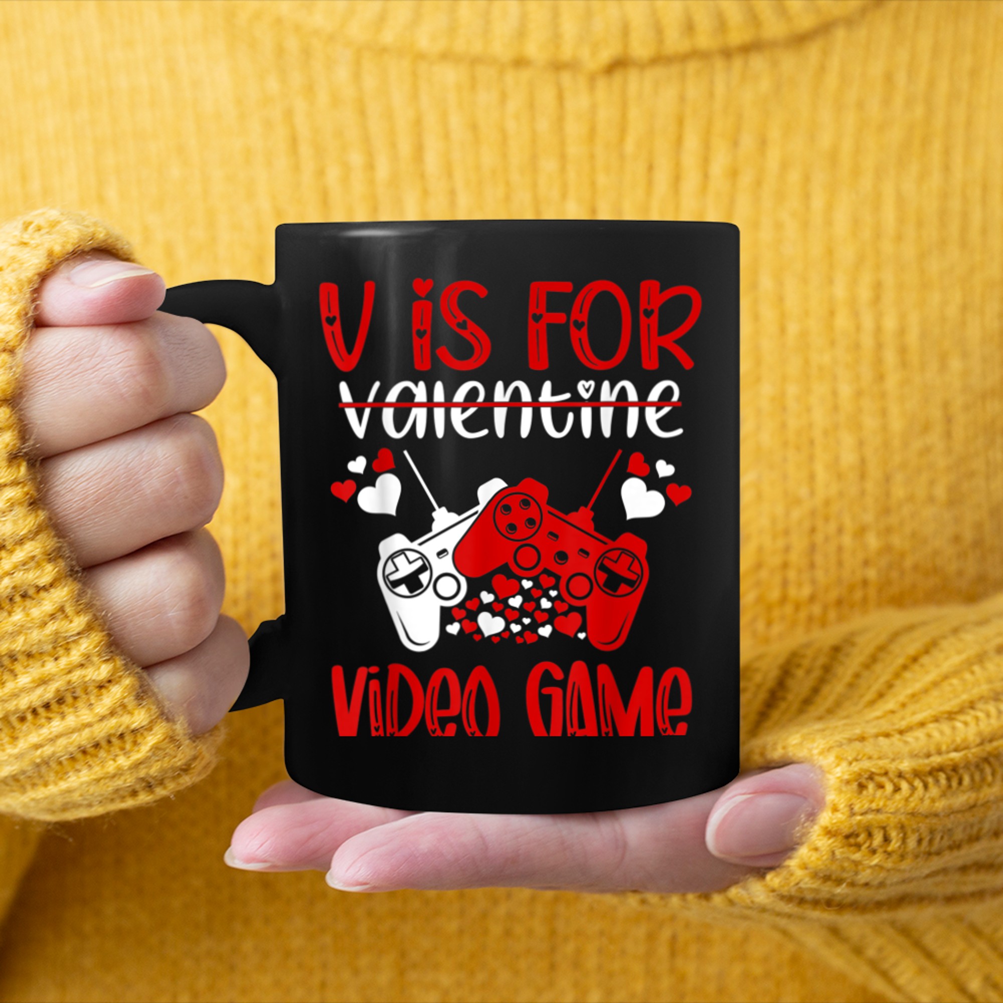 V Is For Video Games Funny Game Gaming Lover Valentines Day mug black