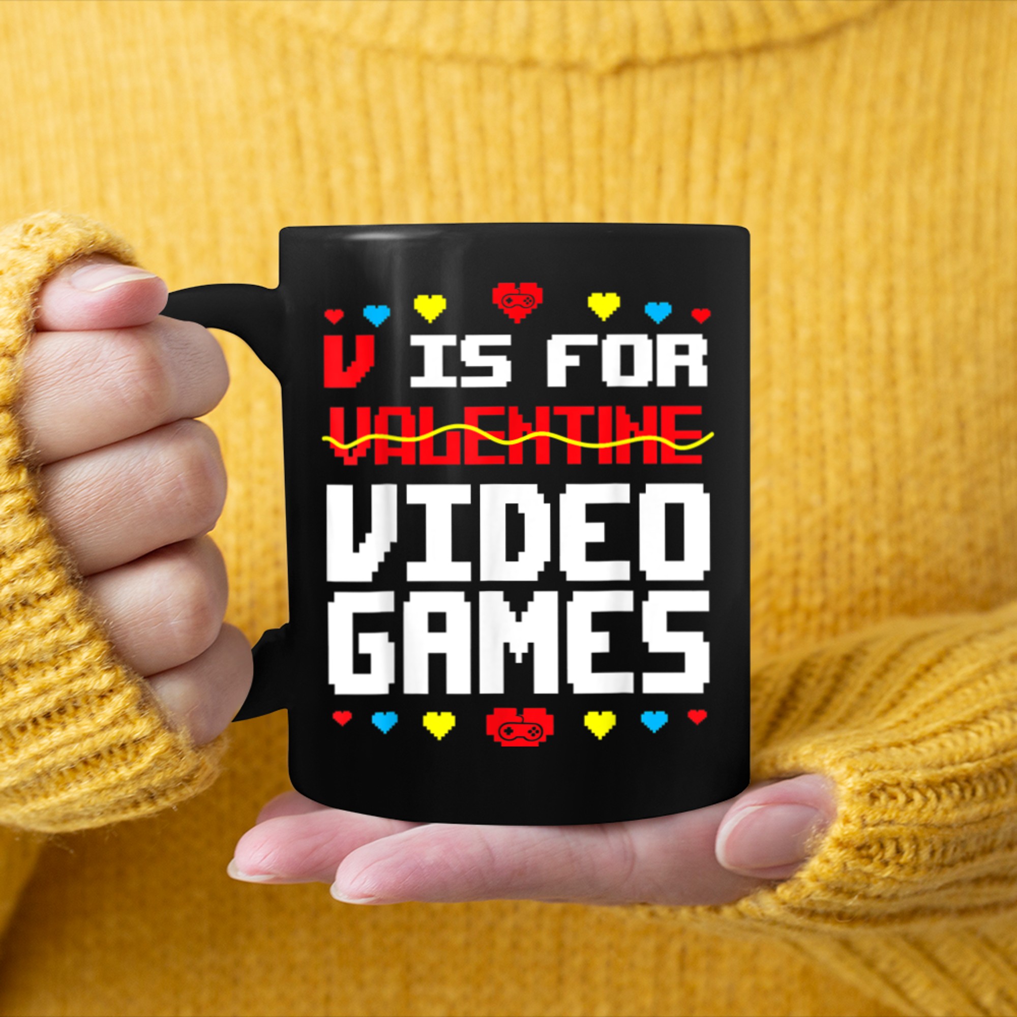 V Is For Video Games Funny Gamer Anti Valentine's Days mug black