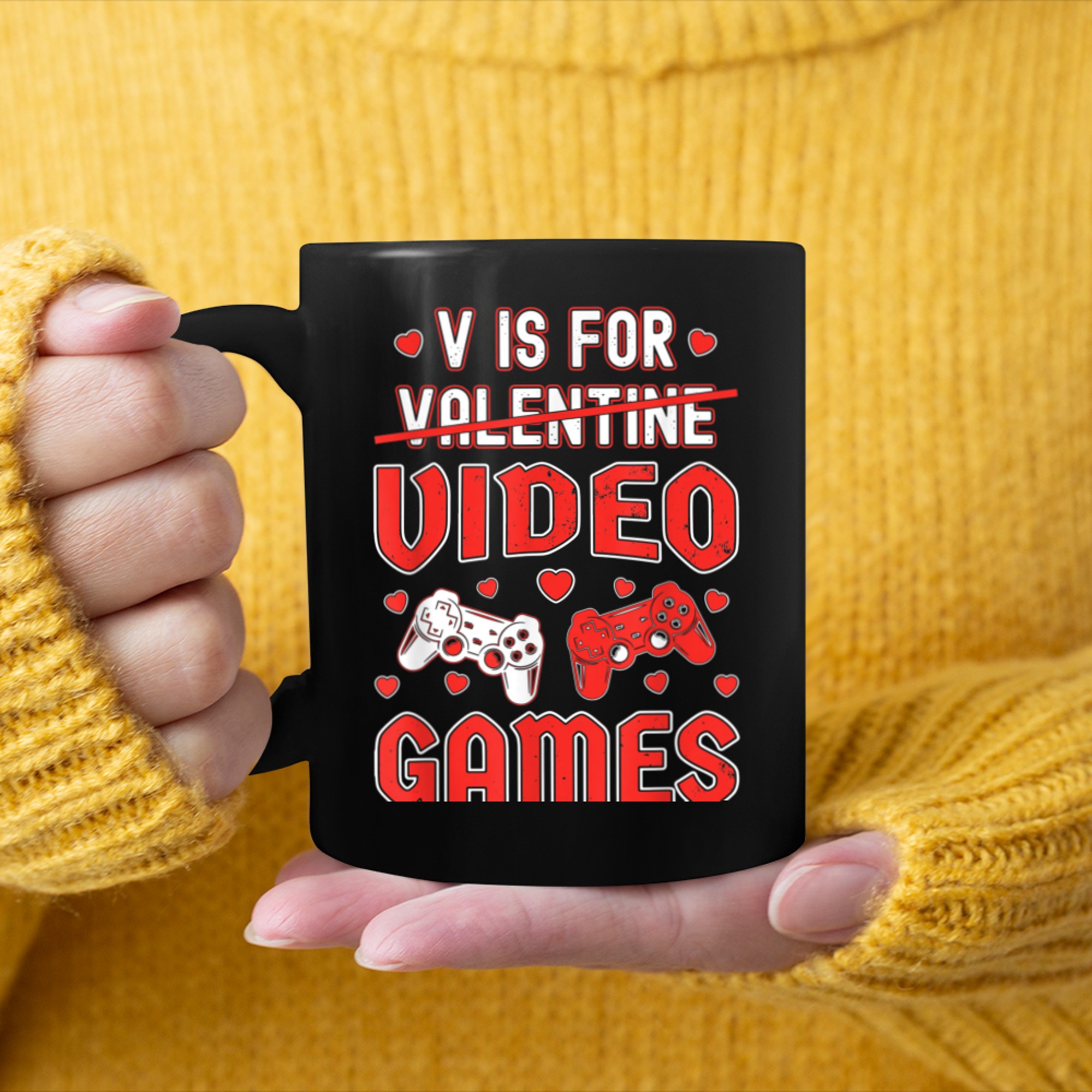 V is For Video Games Funny Gamer Boys Teen Valentines Day mug black