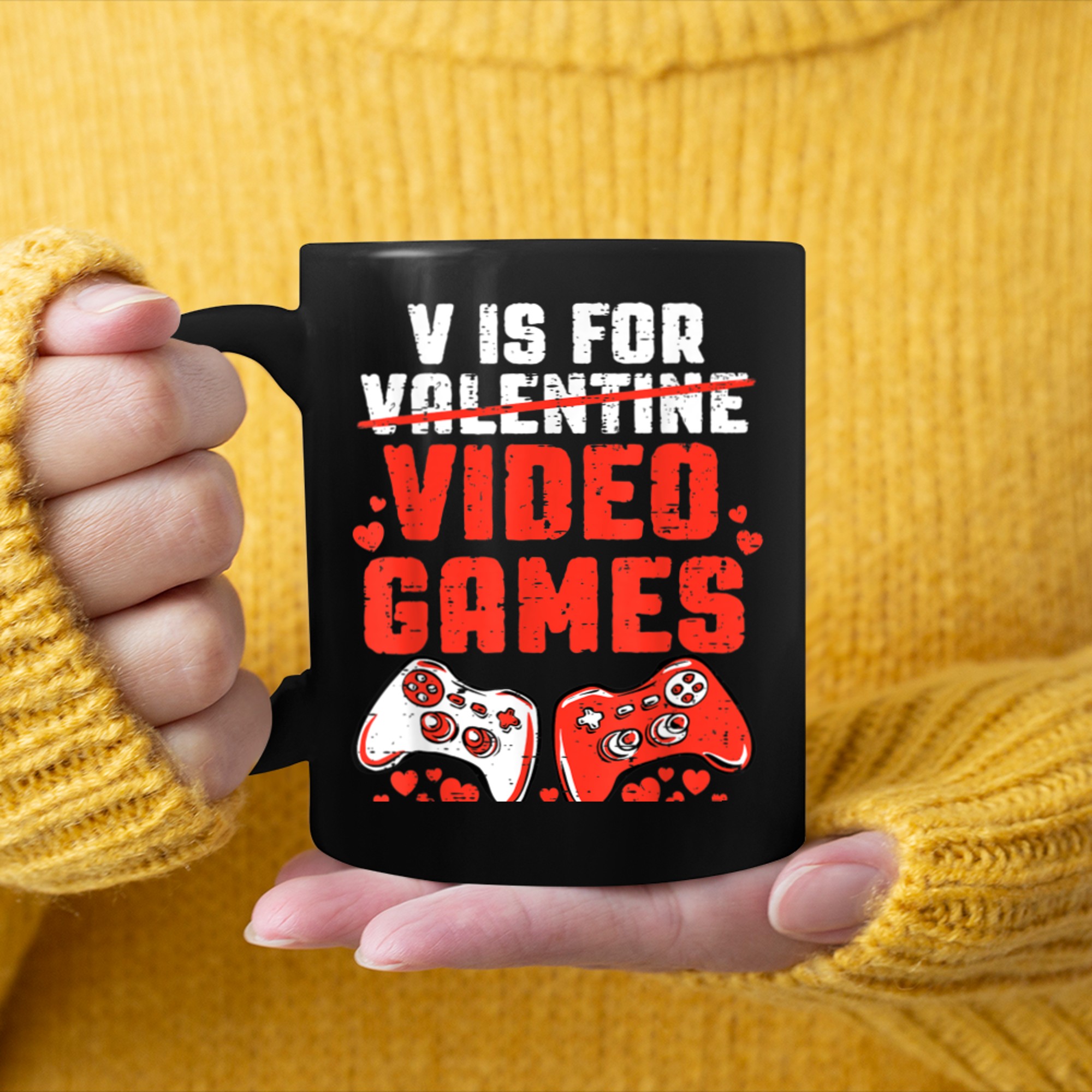 V Is For Video Games Funny Gamer Funny Valentines Day Kids mug black