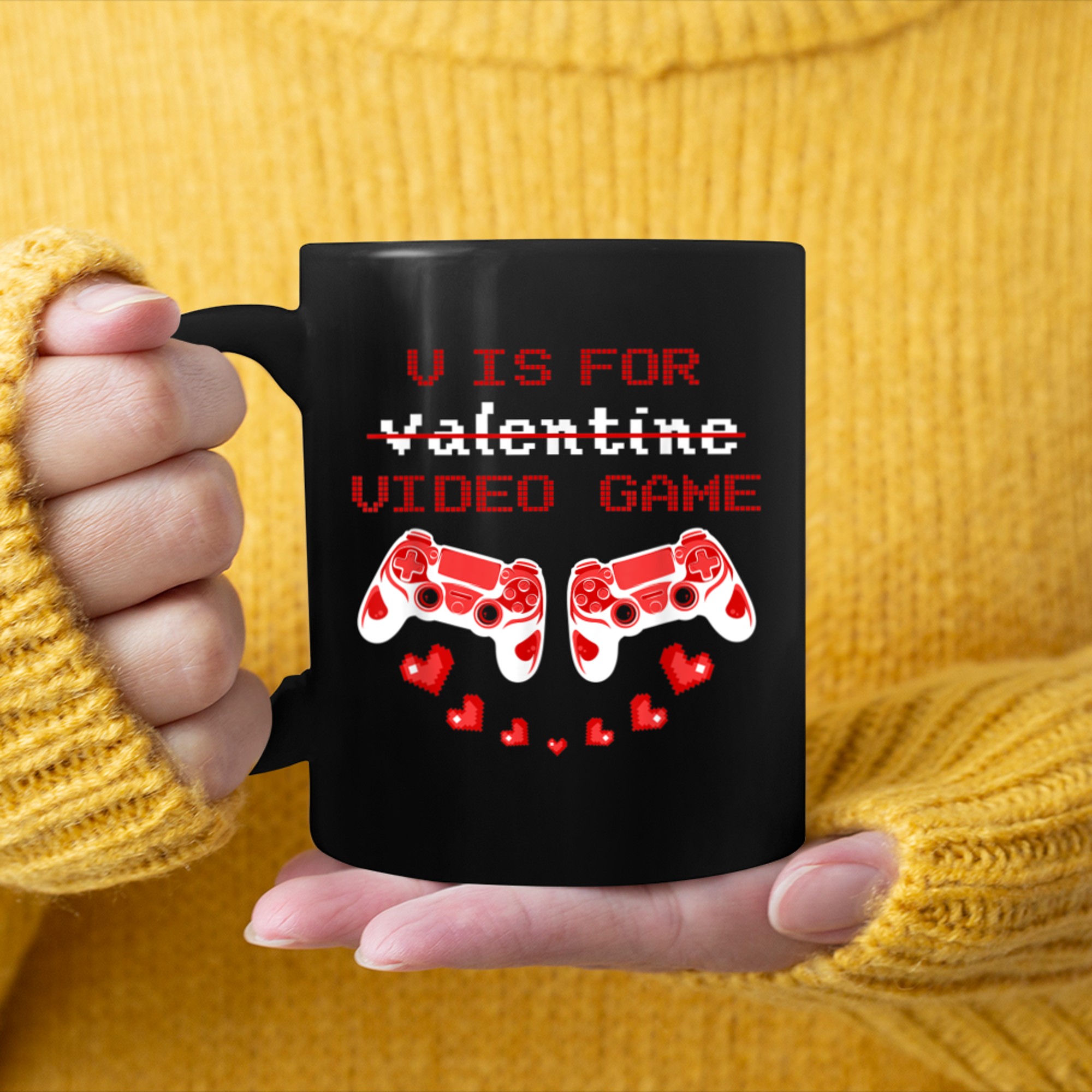 V Is For Video Games Funny Gamer Gaming Valentine's Day 2023 mug black