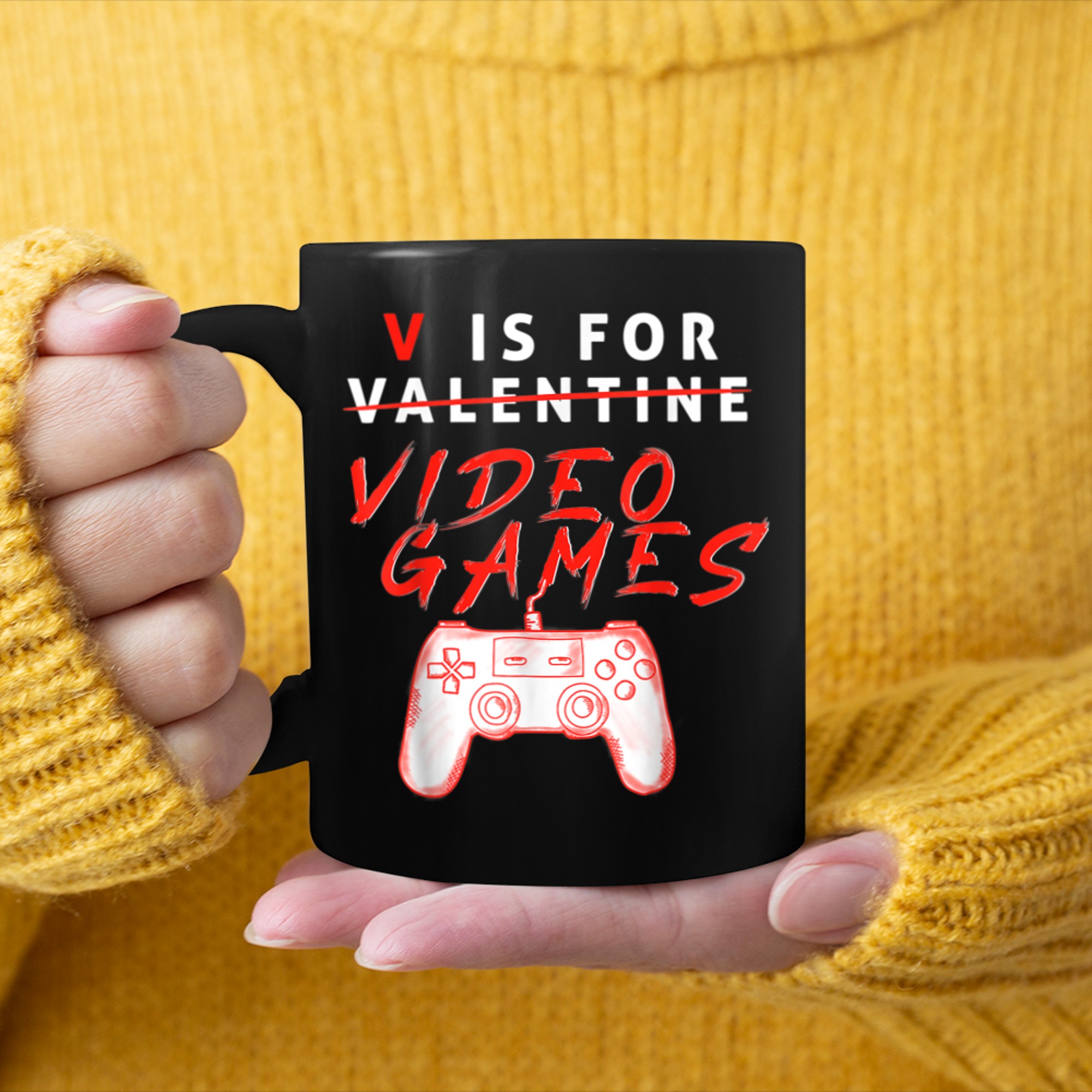 V Is For Video Games Funny Gamer Gaming Valentines Day Boys mug black