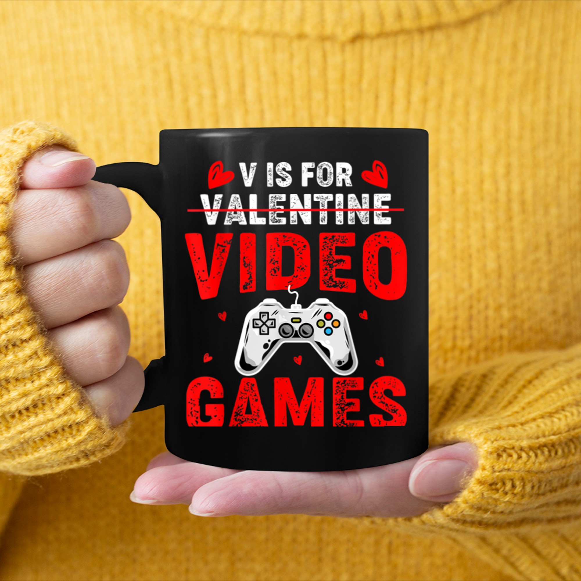 V Is For Video Games Funny Gamer Kids Boys Valentines Day (1) mug black