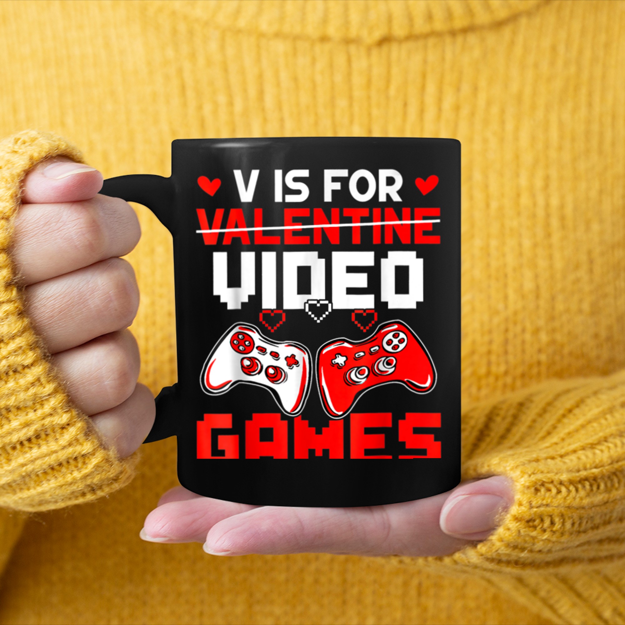 V Is For Video Games Funny Gamer Kids Boys Valentines Day (10) mug black