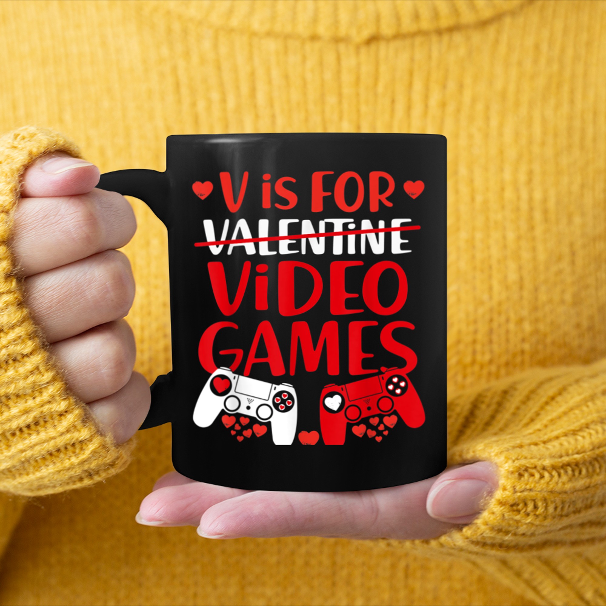 V Is For Video Games Funny Gamer Kids Boys Valentines Day (11) mug black