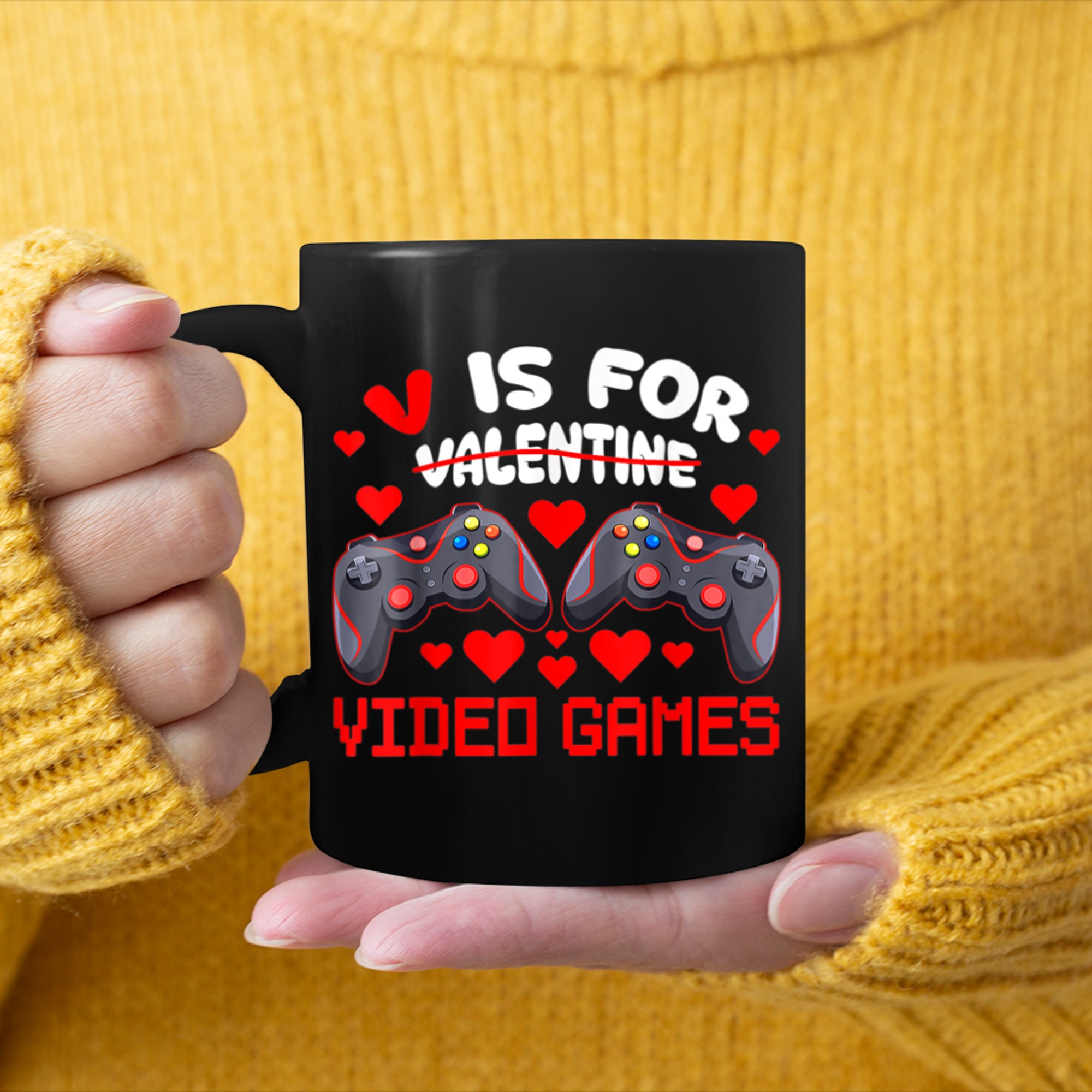 V Is For Video Games Funny Gamer Kids Boys Valentines Day (12) mug black