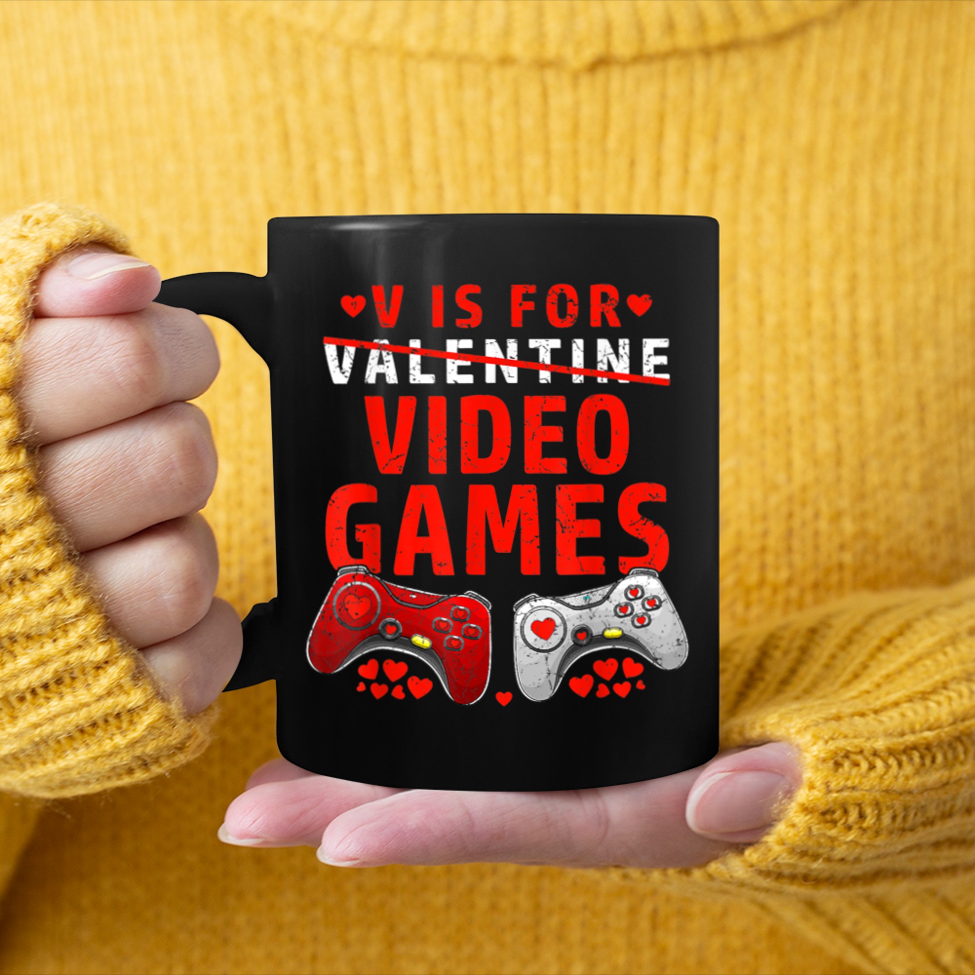 V Is For Video Games Funny Gamer Kids Boys Valentines Day (15) mug black