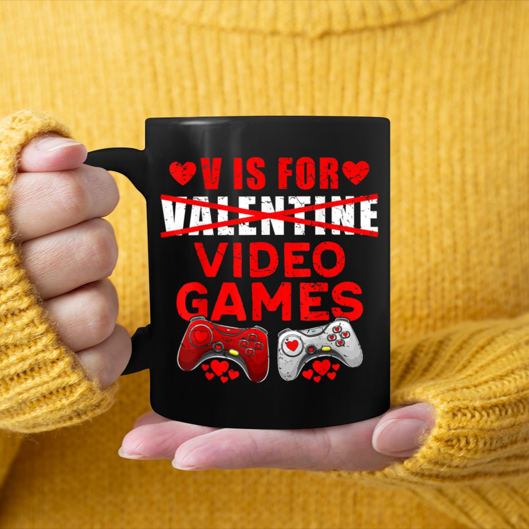 V Is For Video Games Funny Gamer Kids Boys Valentines Day (17) mug black