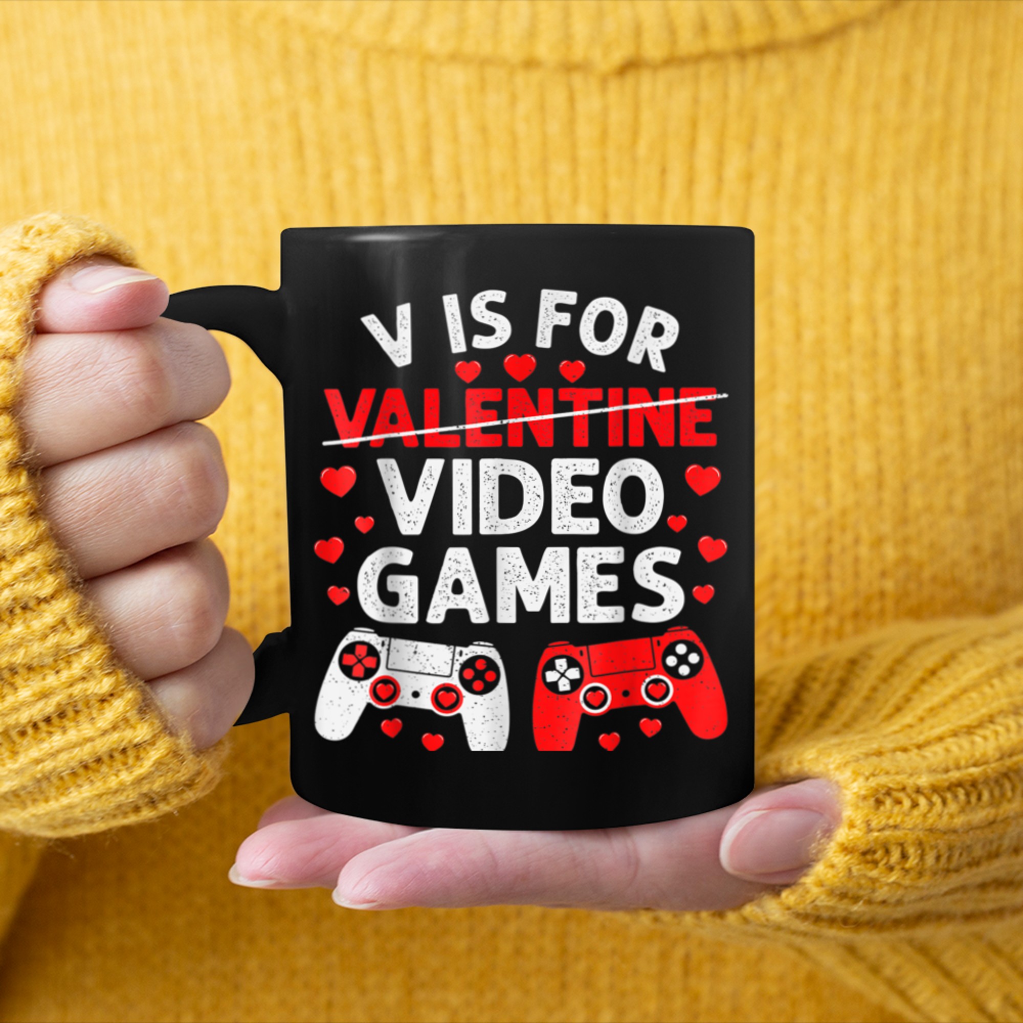 V Is For Video Games Funny Gamer Kids Boys Valentines Day (22) mug black