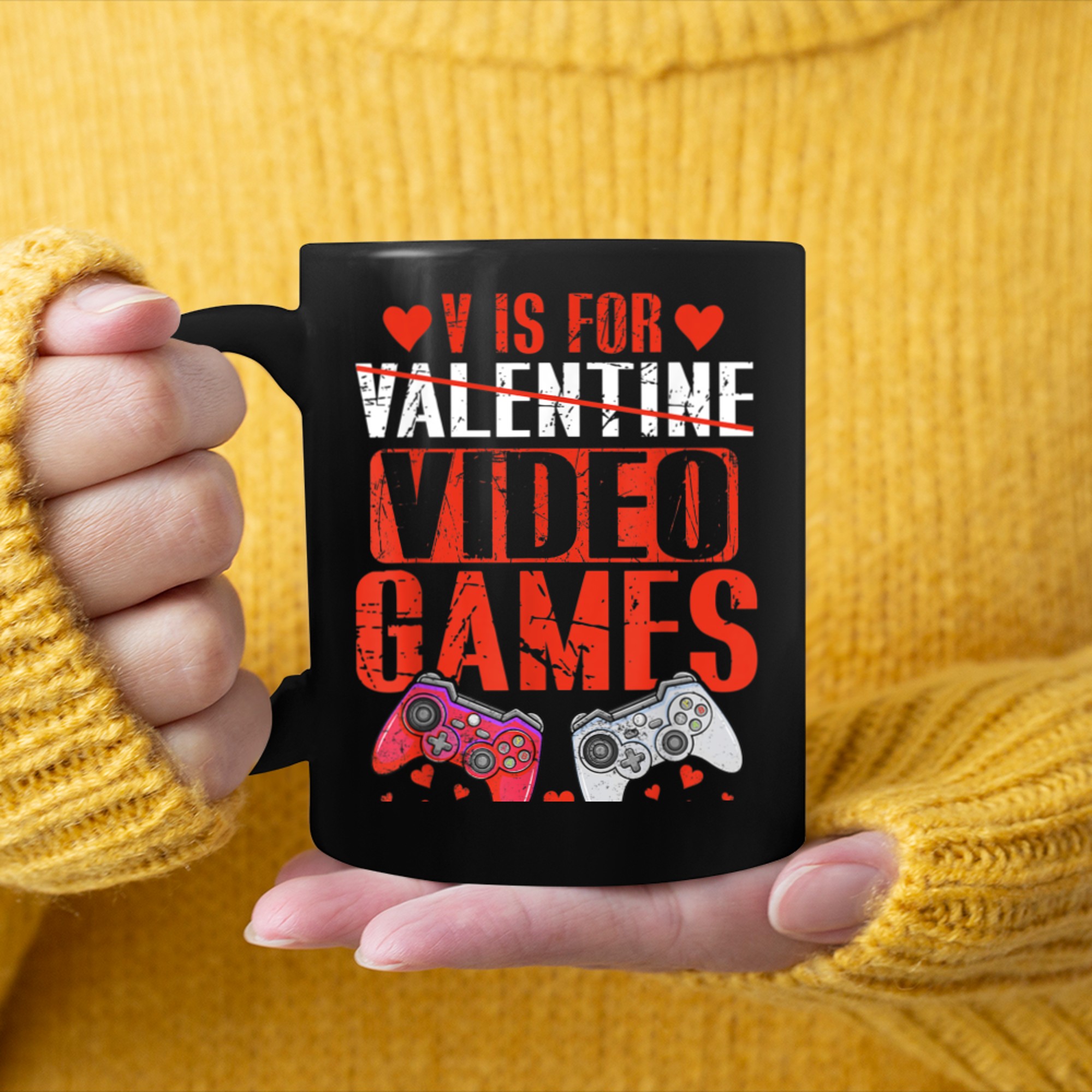 V Is For Video Games Funny Gamer Kids Boys Valentines Day (27) mug black