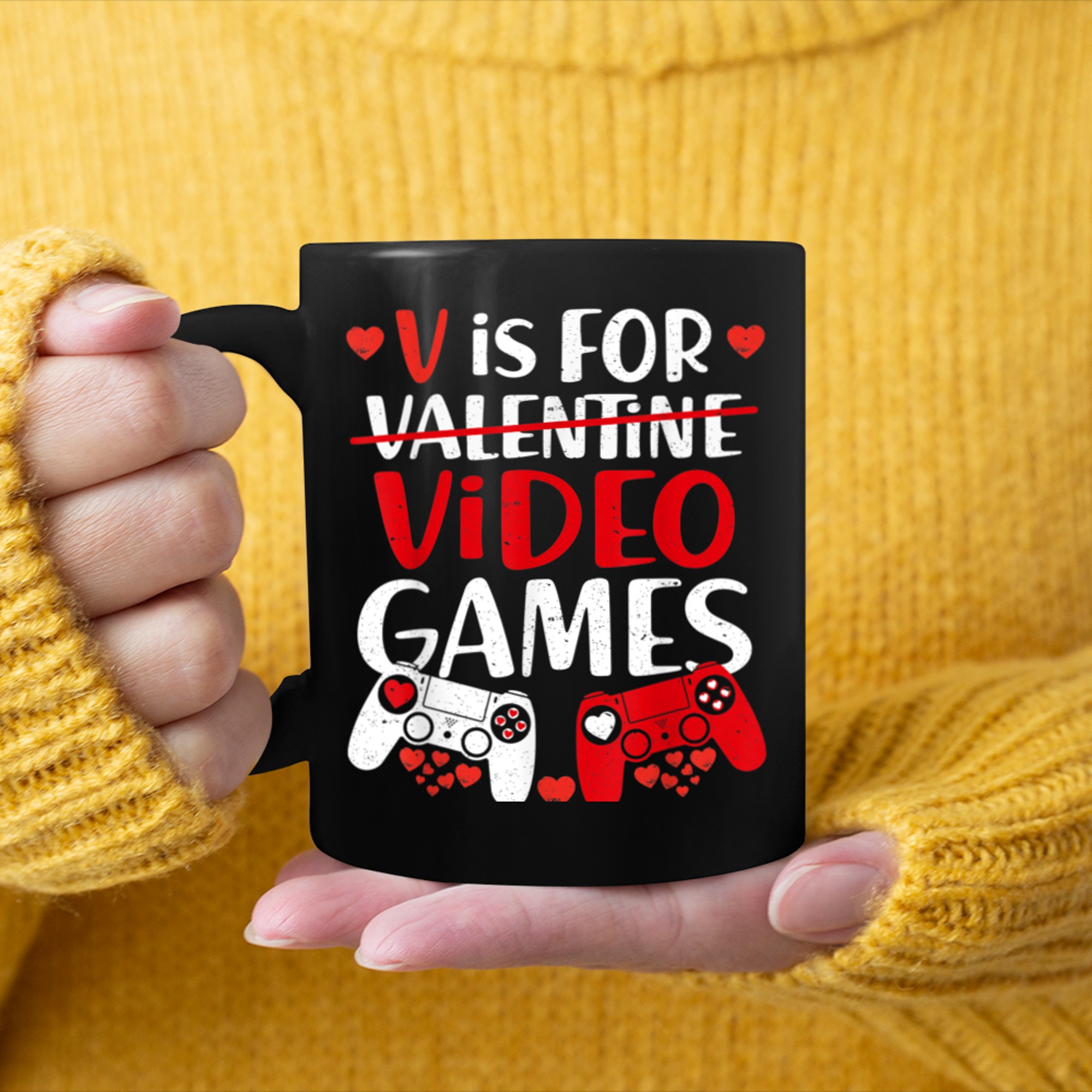 V Is For Video Games Funny Gamer Kids Boys Valentines Day (3) mug black