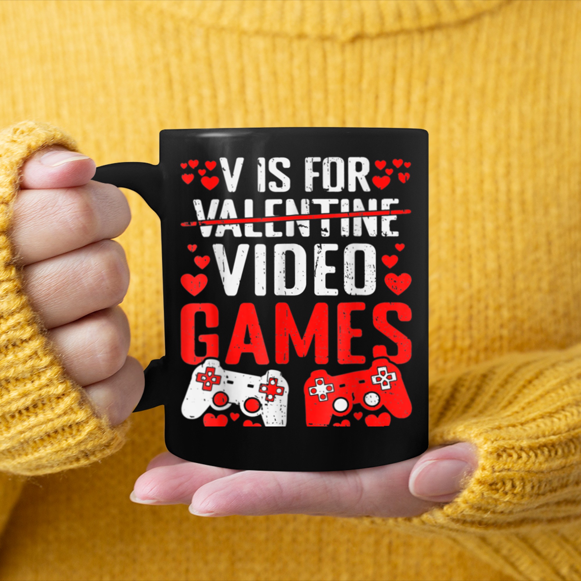 V Is For Video Games Funny Gamer Kids Boys Valentines Day (32) mug black