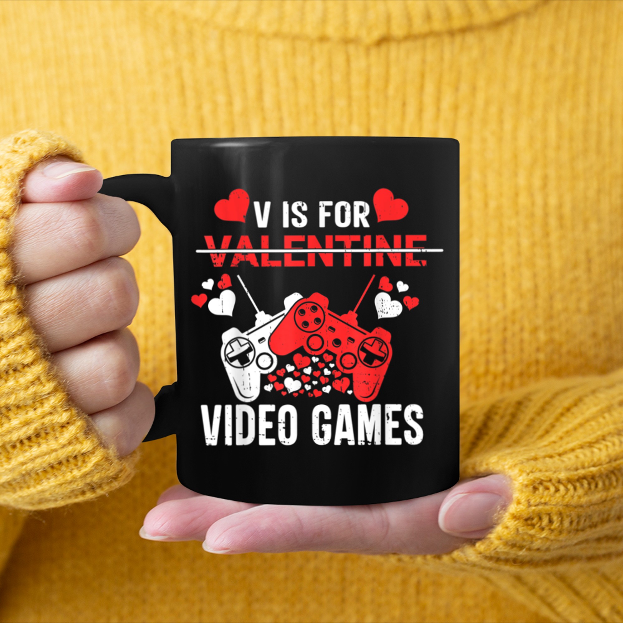 V Is For Video Games Funny Gamer Kids Boys Valentines Day (33) mug black