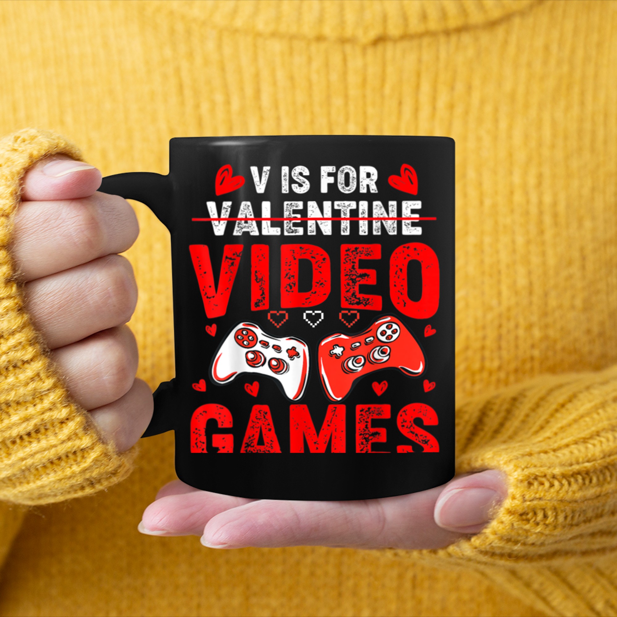 V Is For Video Games Funny Gamer Kids Boys Valentines Day (35) mug black