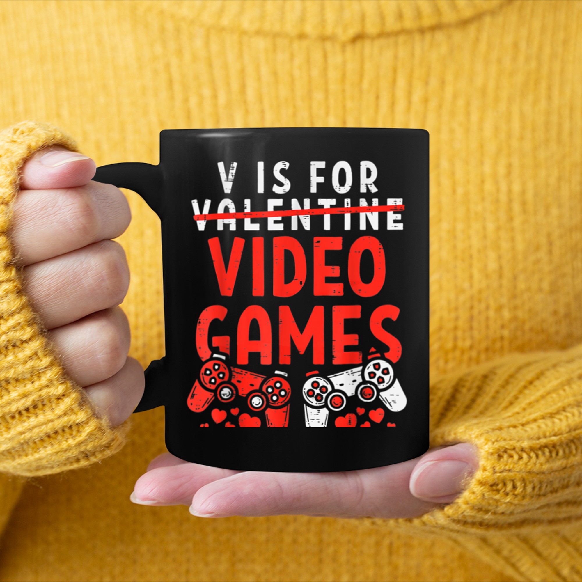 V Is For Video Games Funny Gamer Kids Boys Valentines Day (36) mug black