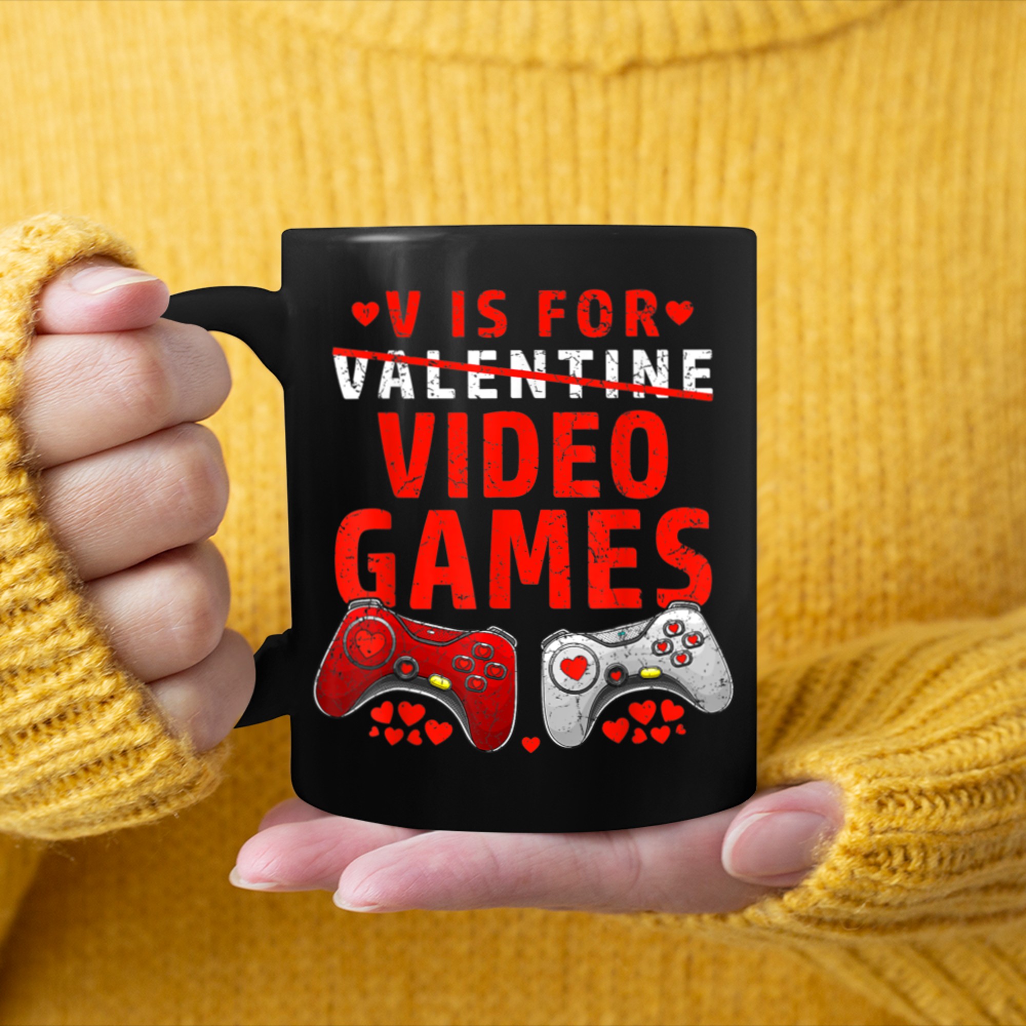 V Is For Video Games Funny Gamer Kids Boys Valentines Day (4) mug black