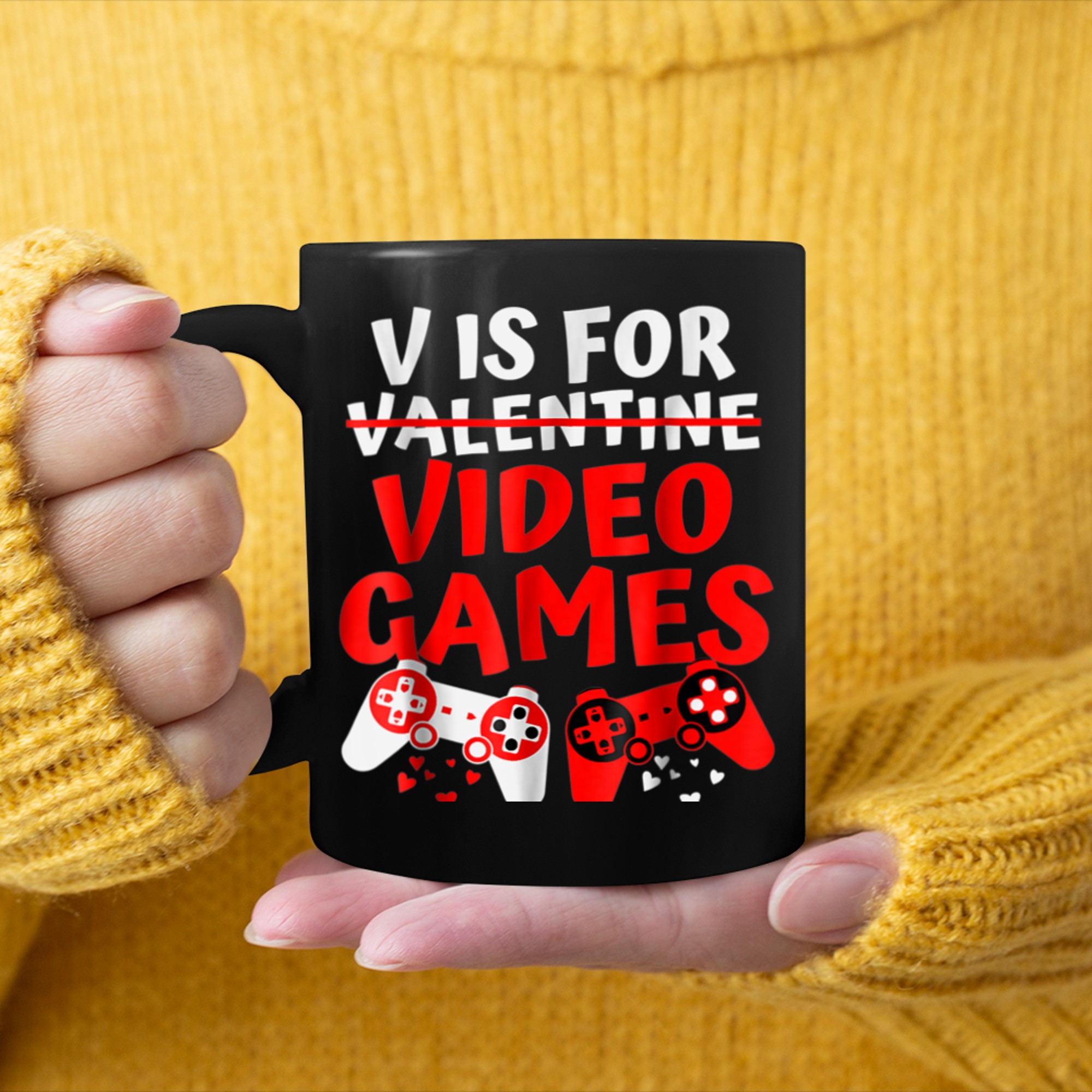 V Is For Video Games Funny Gamer Kids Boys Valentines Day (40) mug black