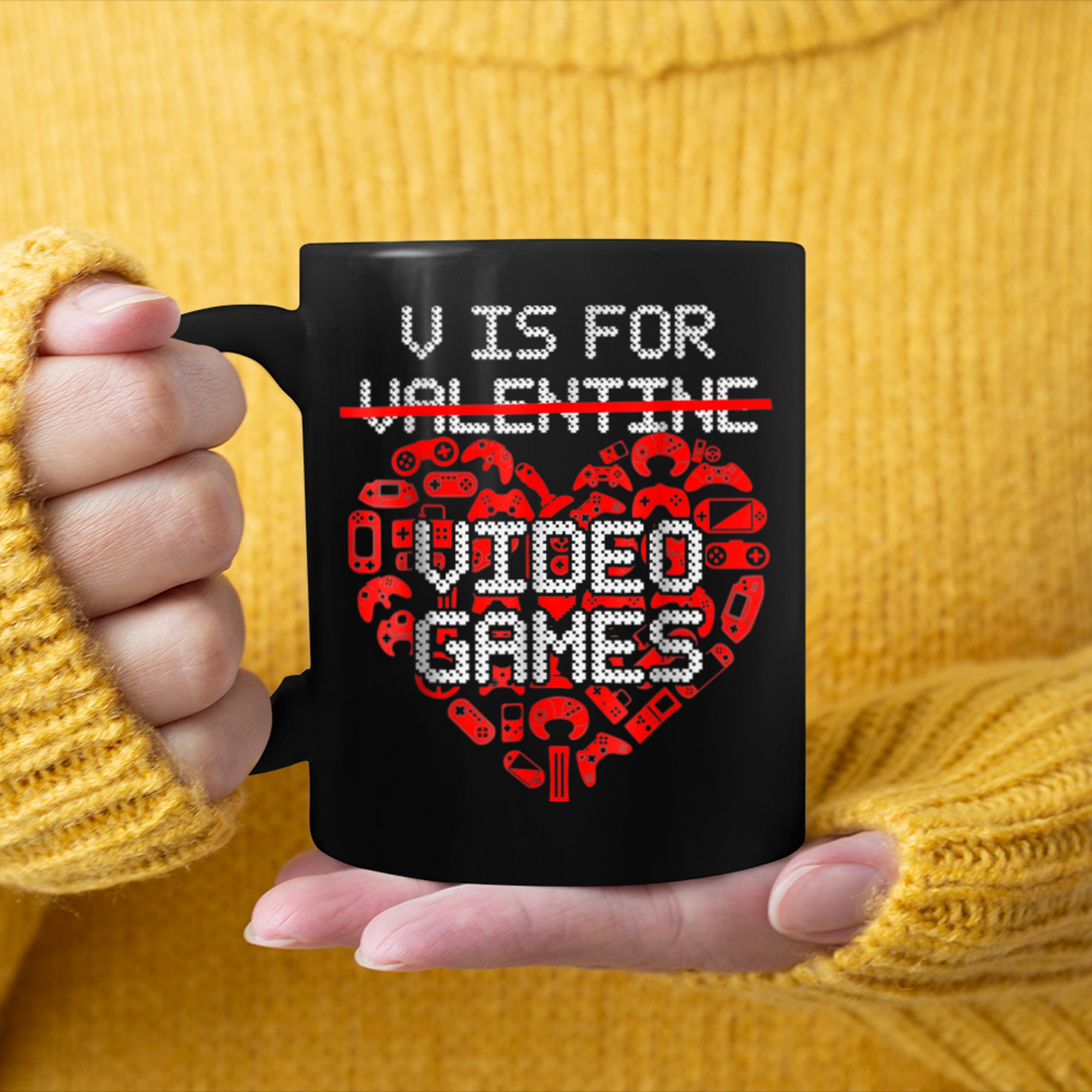 V Is For Video Games Funny Gamer Kids Boys Valentines Day (47) mug black