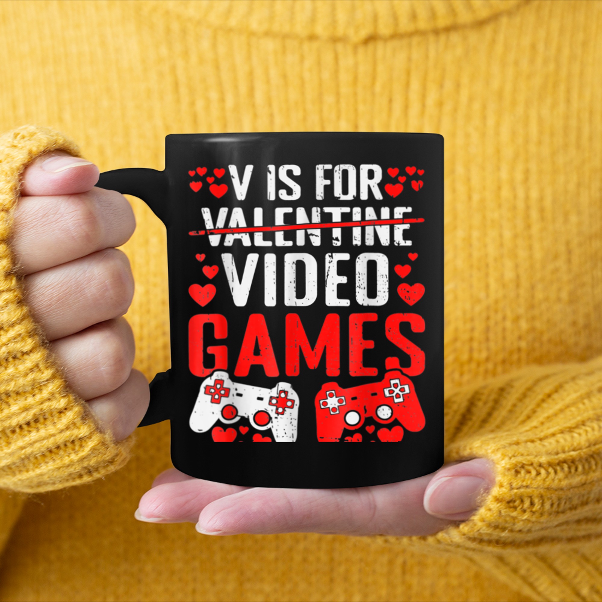 V Is For Video Games Funny Gamer Kids Boys Valentines Day (48) mug black