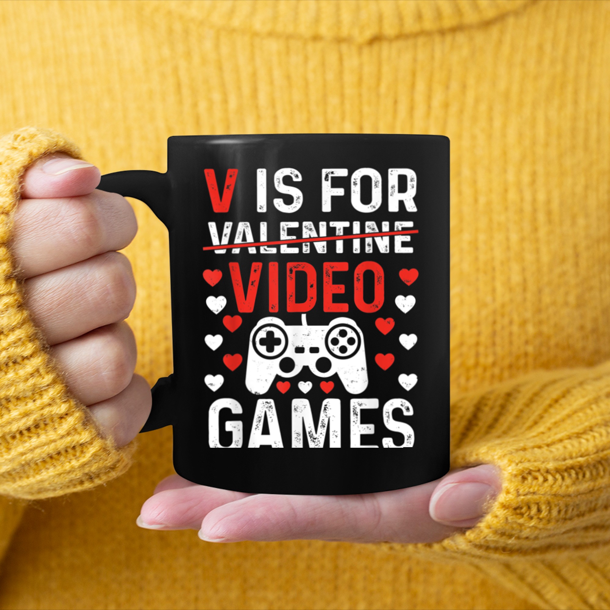 V Is For Video Games Funny Gamer Kids Boys Valentines Day (51) mug black