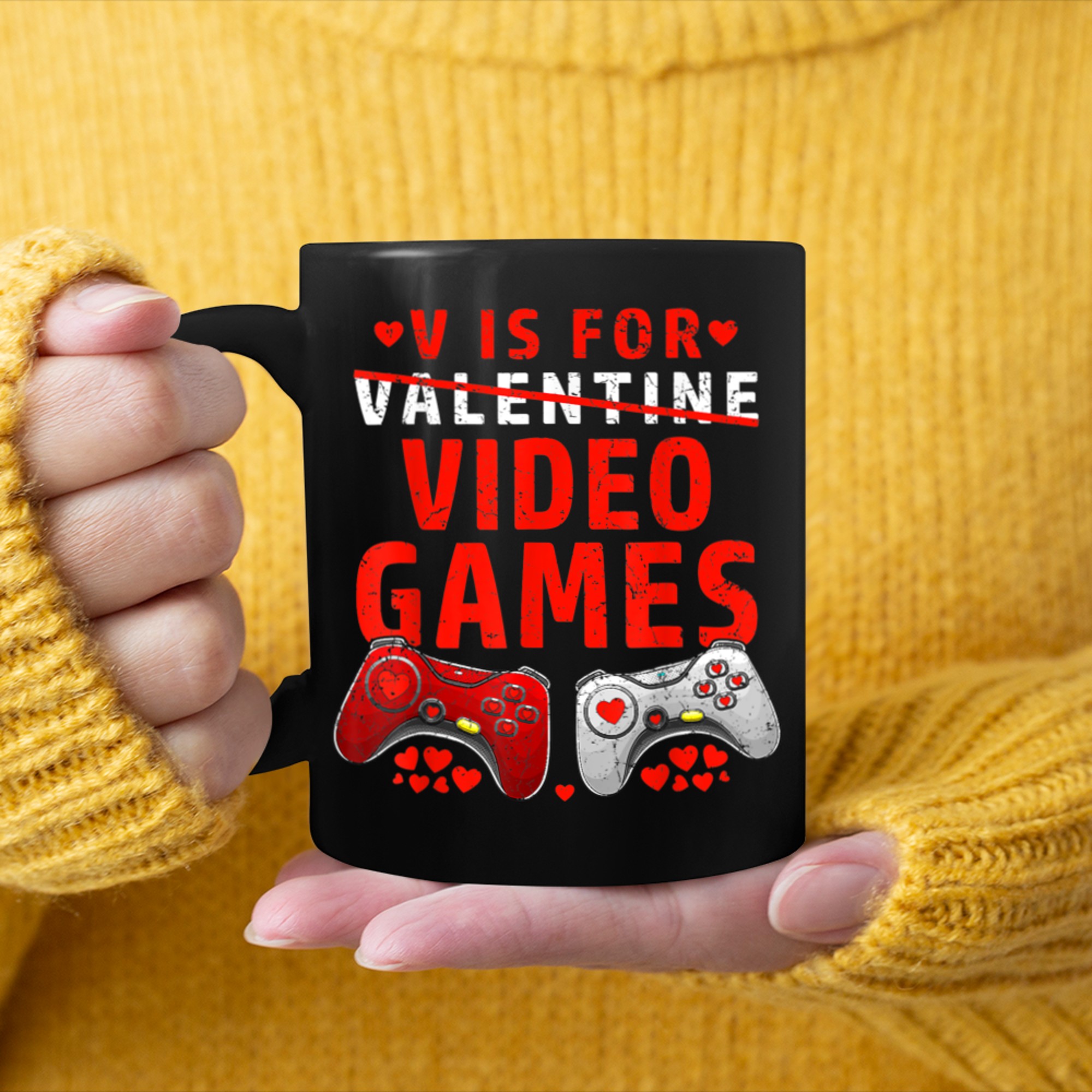 V Is For Video Games Funny Gamer Kids Boys Valentines Day (53) mug black