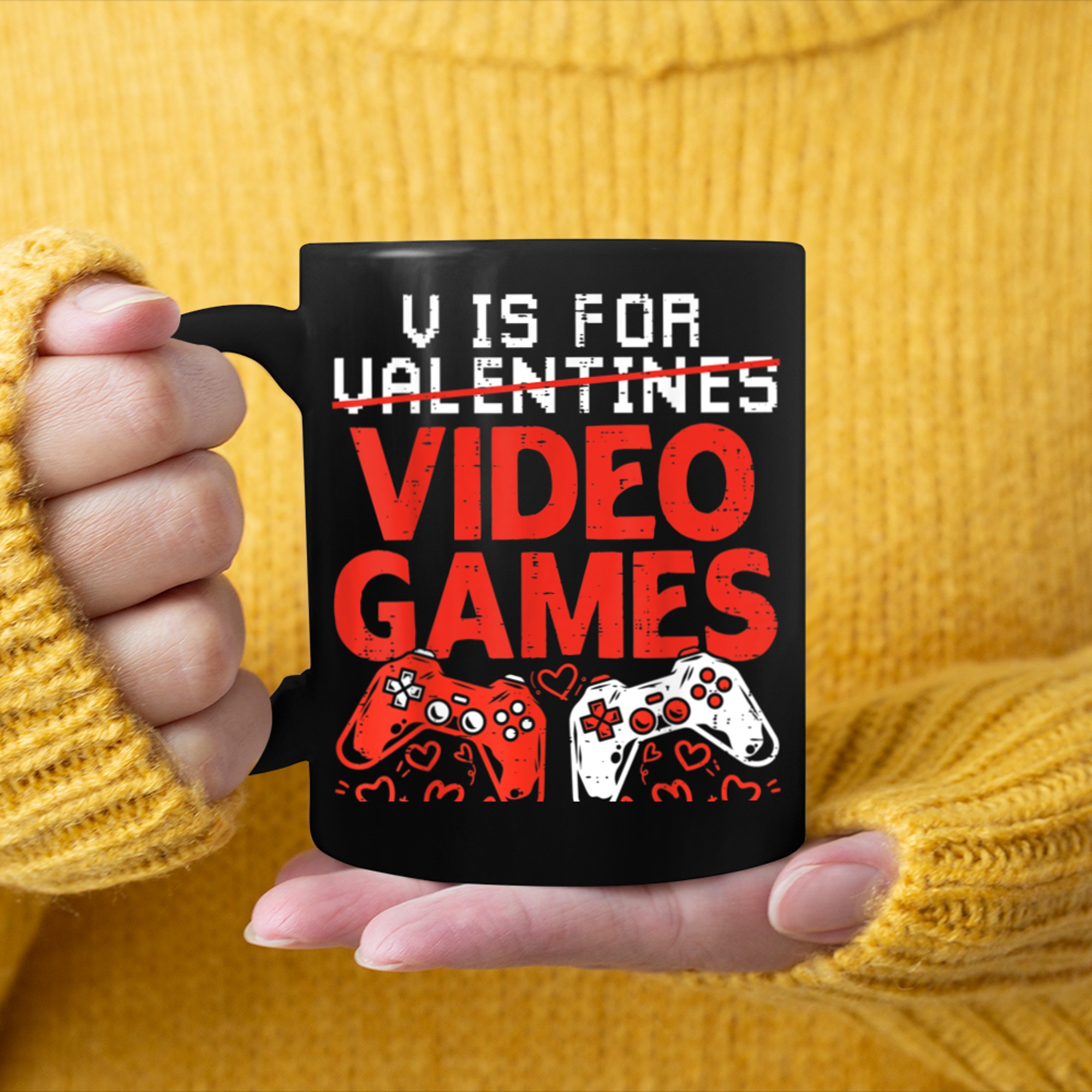 V Is For Video Games Funny Gamer Kids Boys Valentines Day (6) mug black