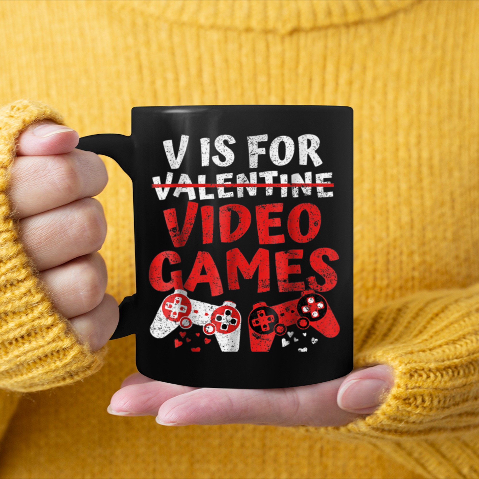 V Is For Video Games Funny Gamer Kids Boys Valentines Day (8) mug black