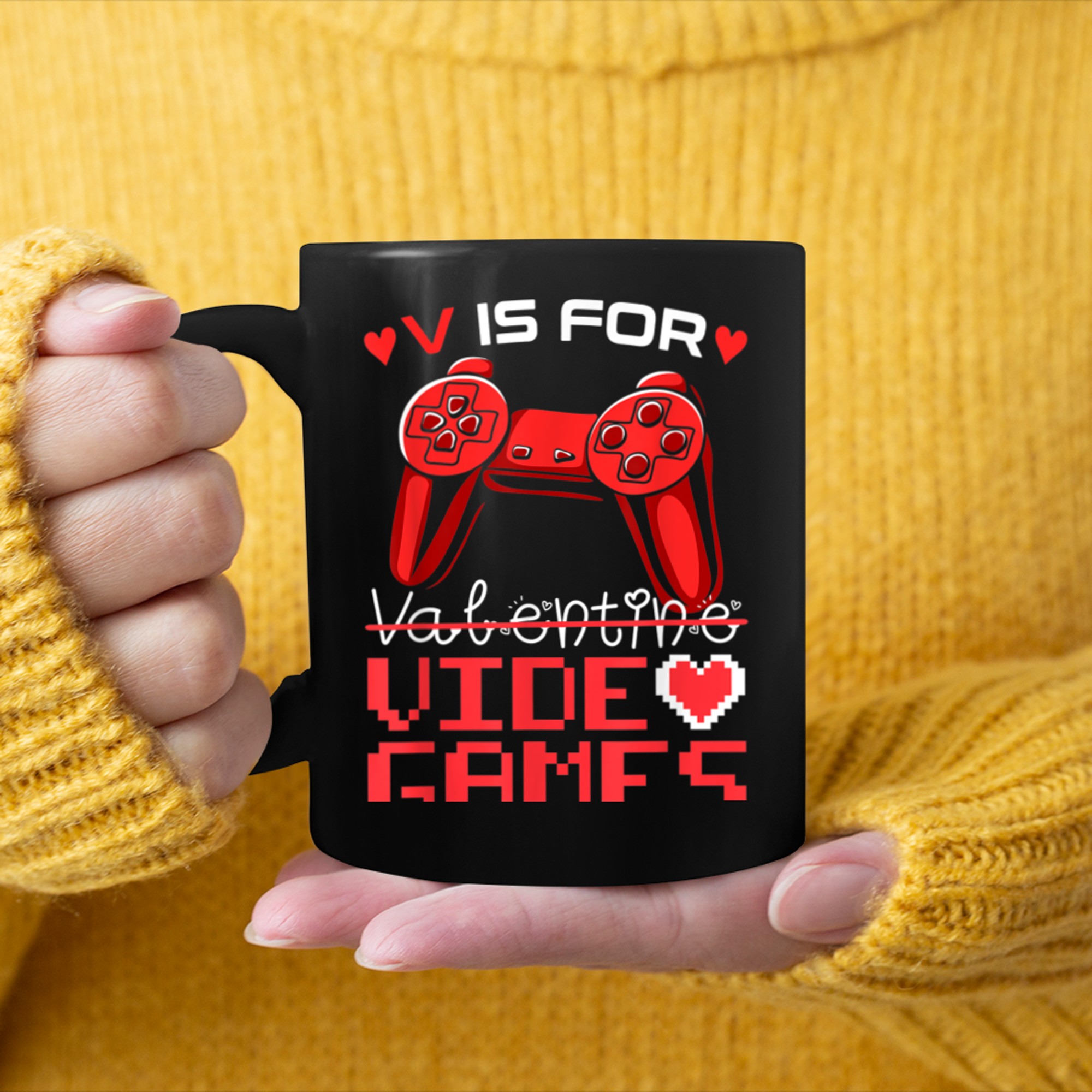 V Is For Video Games Funny Gamer Valentines Day (3) mug black