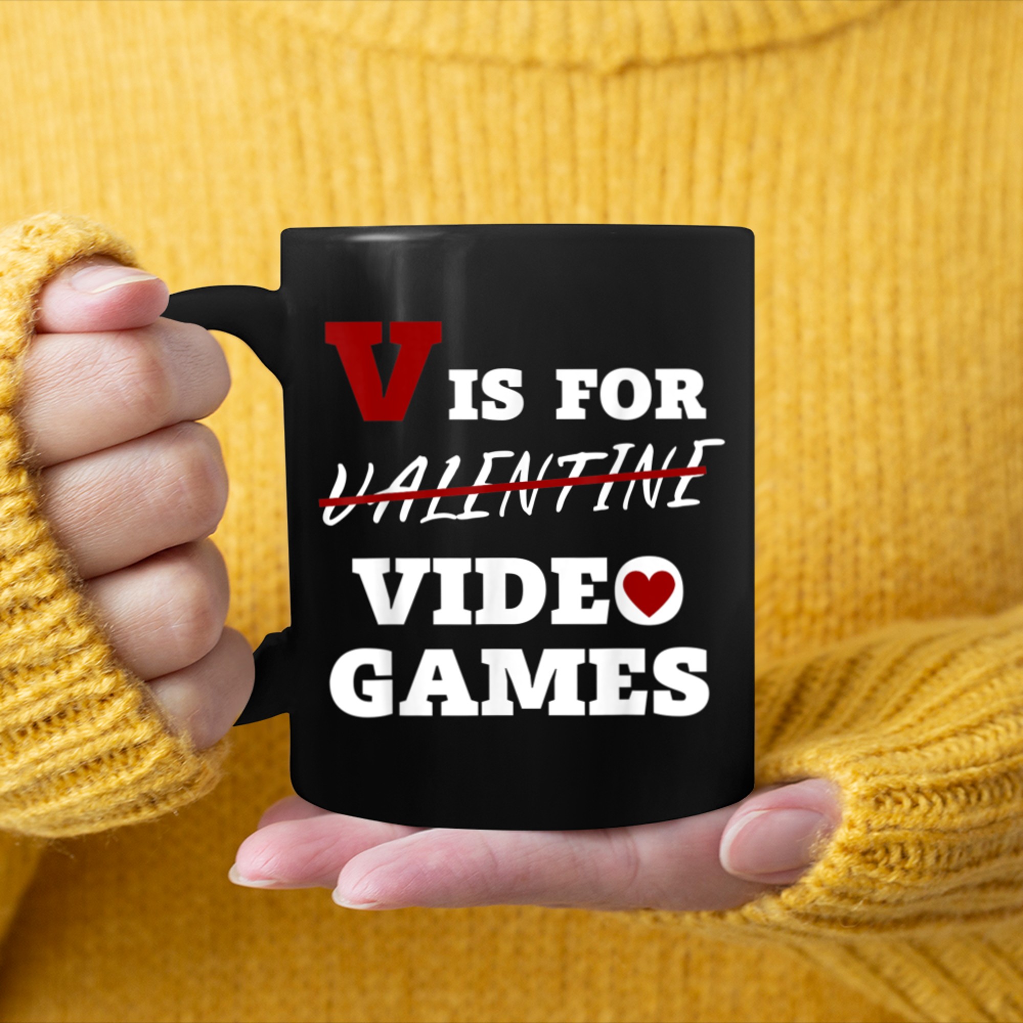 V Is For Video Games Funny Gamer Valentines Day Boy Men Girl mug black