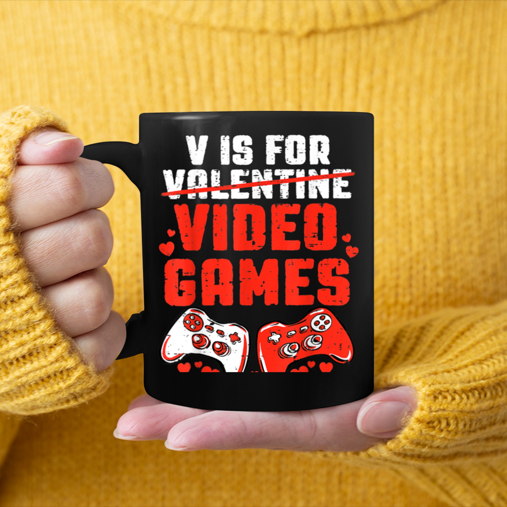 V Is For Video Games Funny Gamer Valentines Day Boys Kids (4) mug black