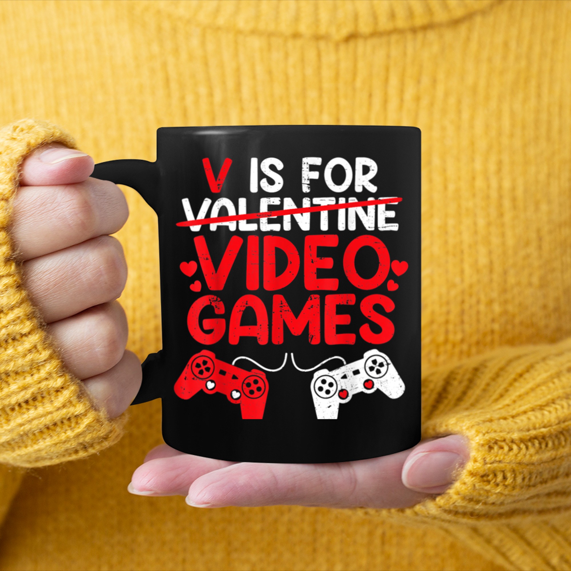 V Is For Video Games Funny Gamer Valentines Day Boys Kids (5) mug black