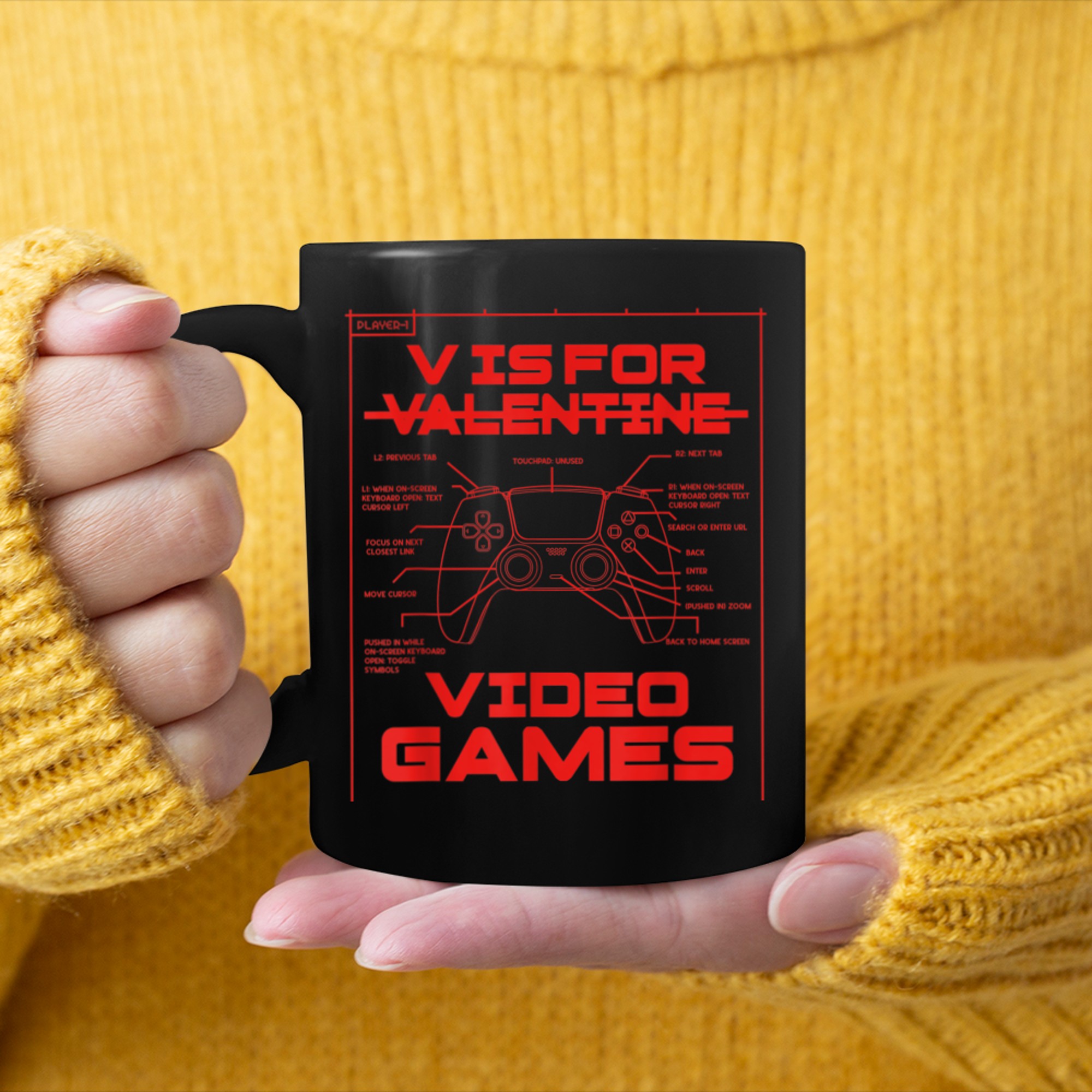 V is for Video Games Funny Gamer Valentine's Day Gamer Boys mug black